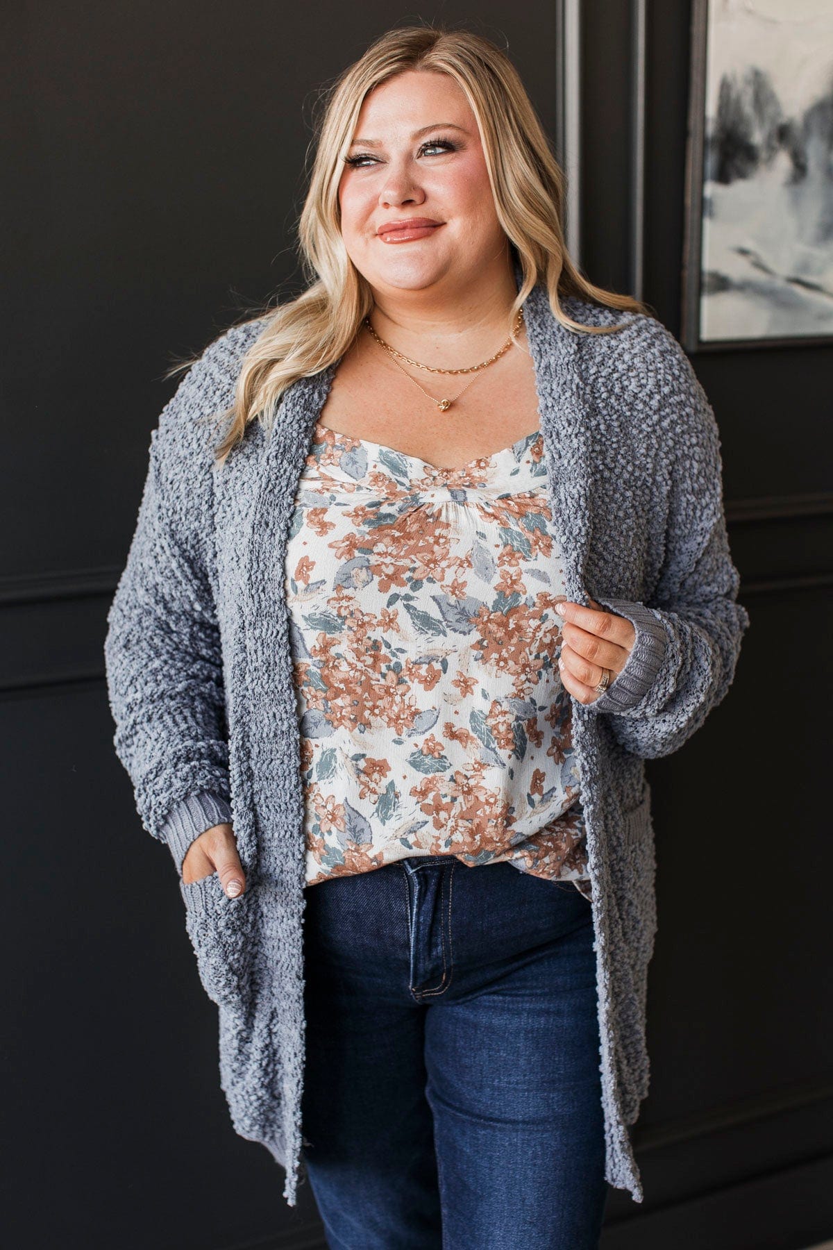 Movie Date Popcorn Knit Cardigan- Dusty Blue - Image 3