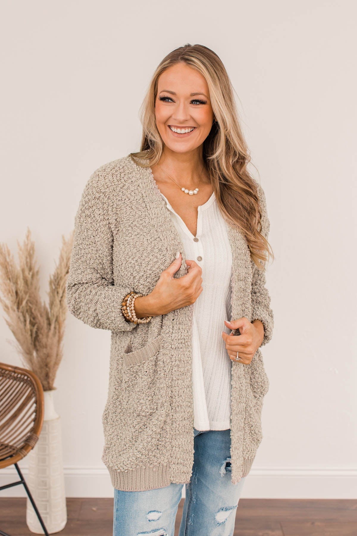 Movie Date Popcorn Knit Cardigan- Dusty Taupe - Image 3