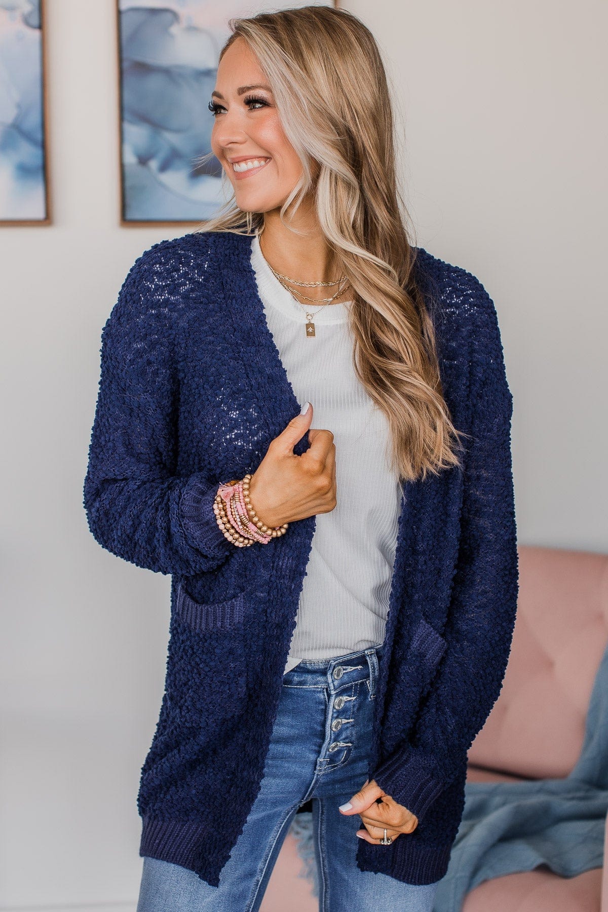 Movie Date Popcorn Knit Cardigan- Navy - Image 3