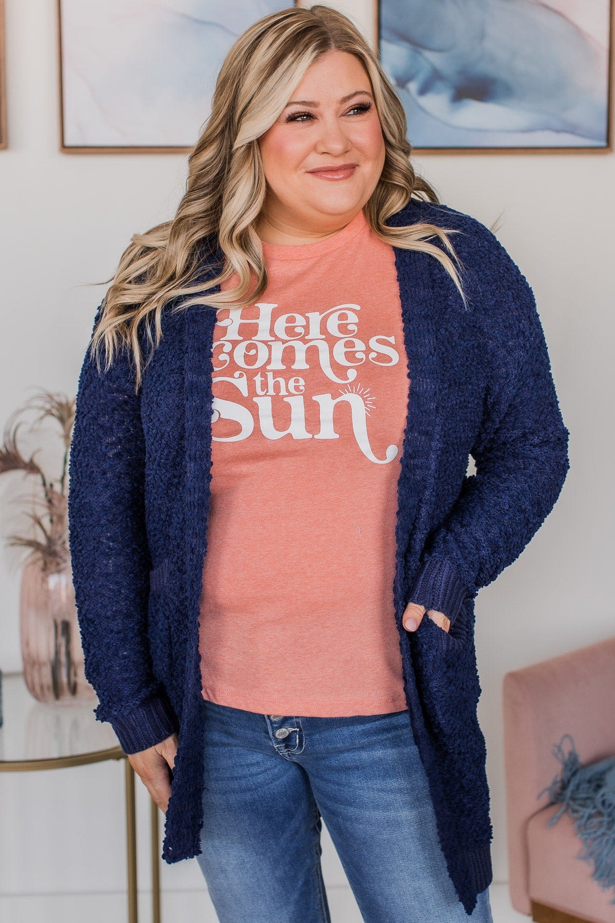 Movie Date Popcorn Knit Cardigan- Navy - Image 4