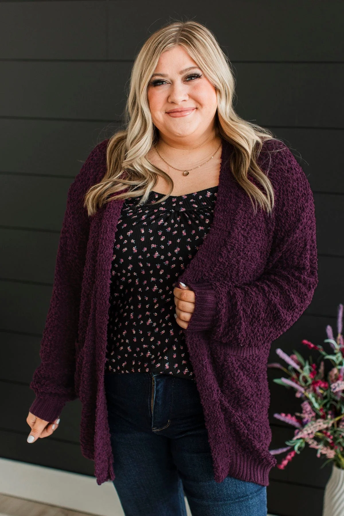 Movie Date Popcorn Knit Cardigan- Plum - Image 2