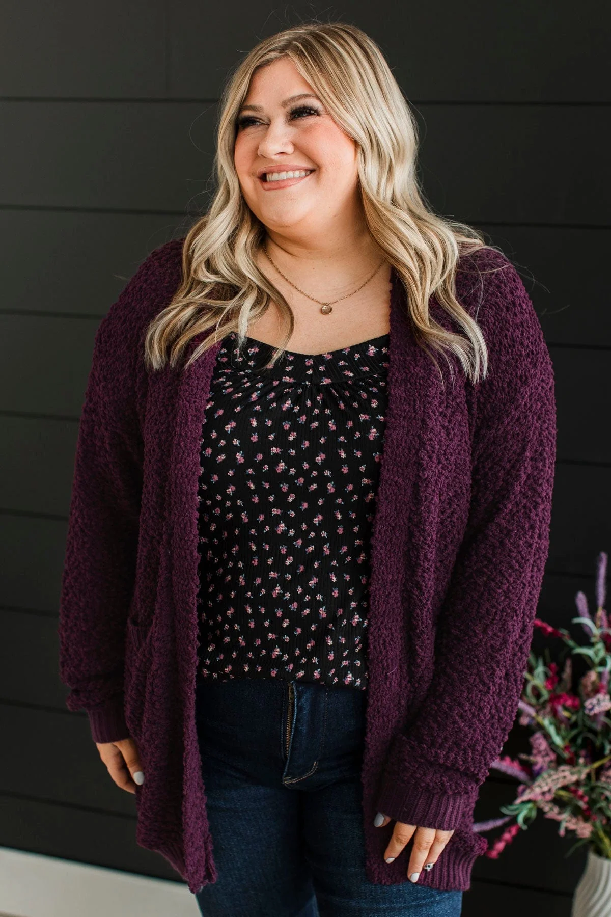 Movie Date Popcorn Knit Cardigan- Plum - Image 4