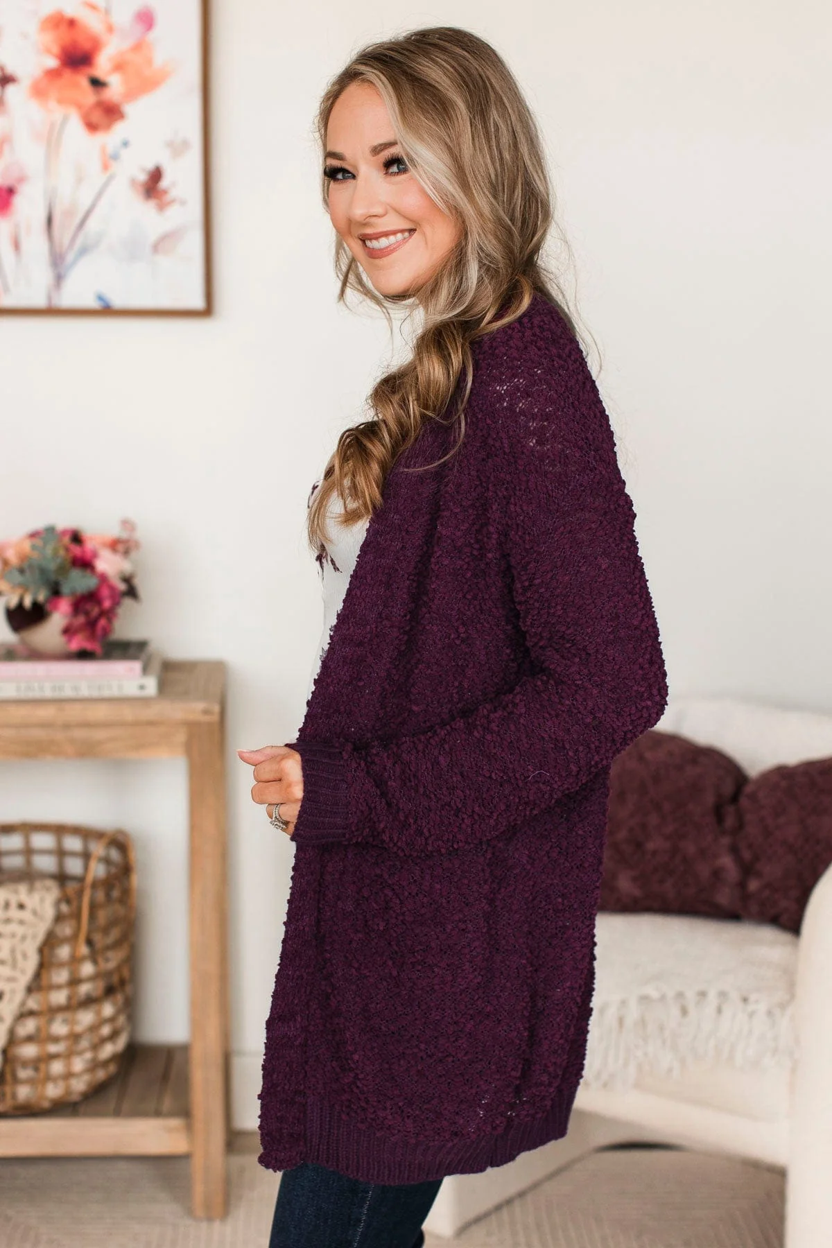 Movie Date Popcorn Knit Cardigan- Plum - Image 5