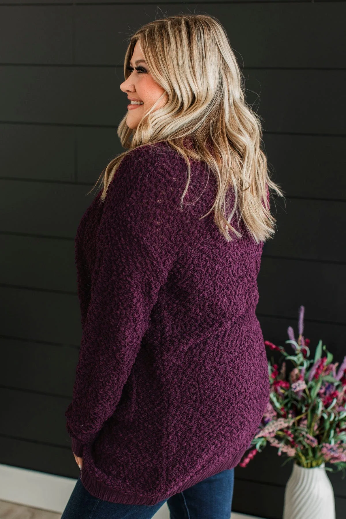 Movie Date Popcorn Knit Cardigan- Plum - Image 8