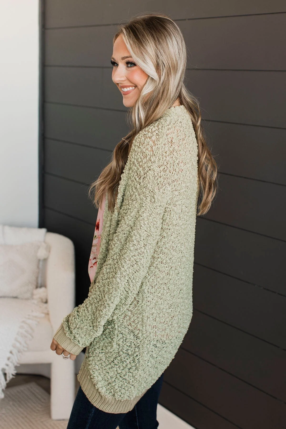 Movie Date Popcorn Knit Cardigan- Sage - Image 5