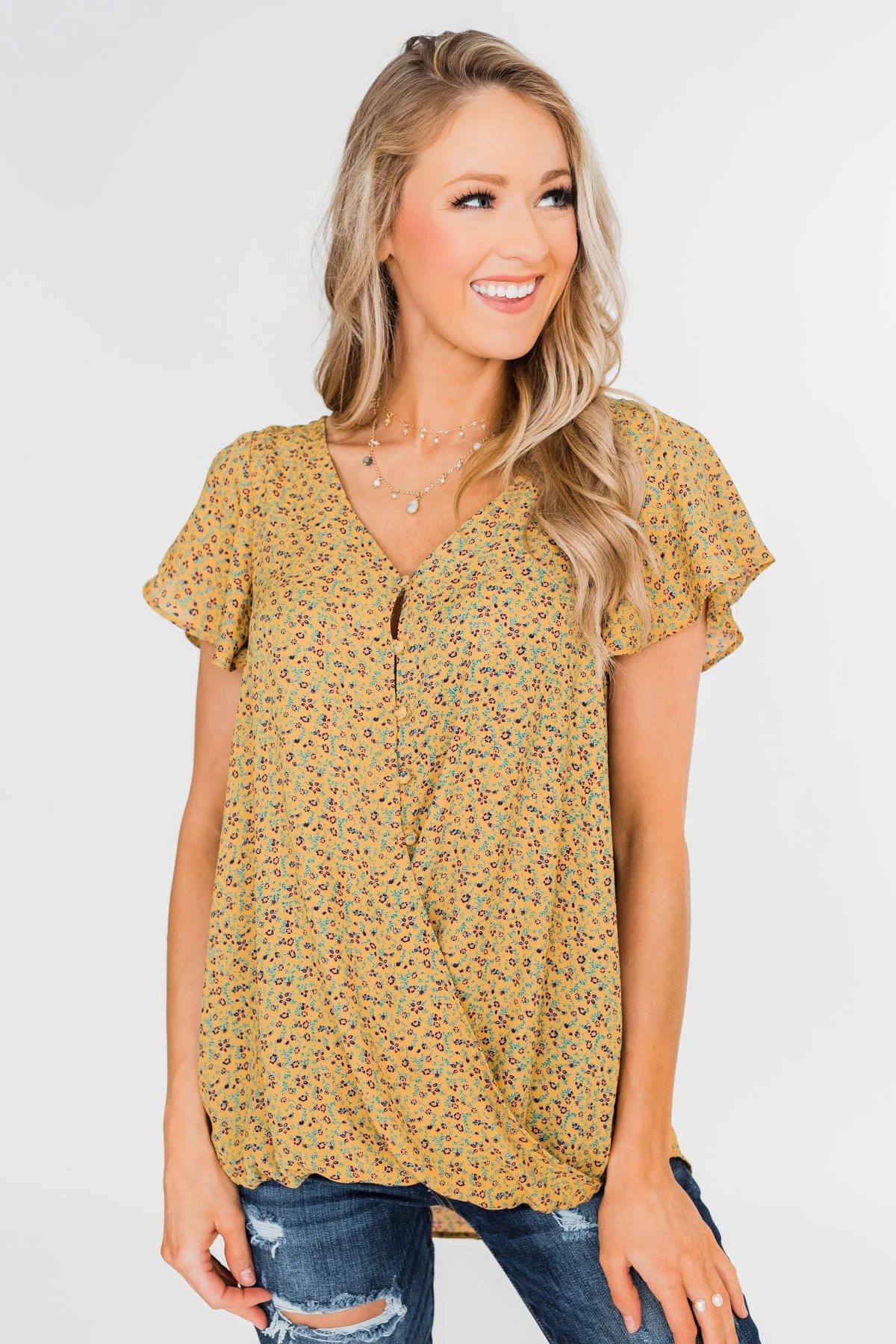 Moving On Floral Botton and Wrap Top- Mustard - Image 4