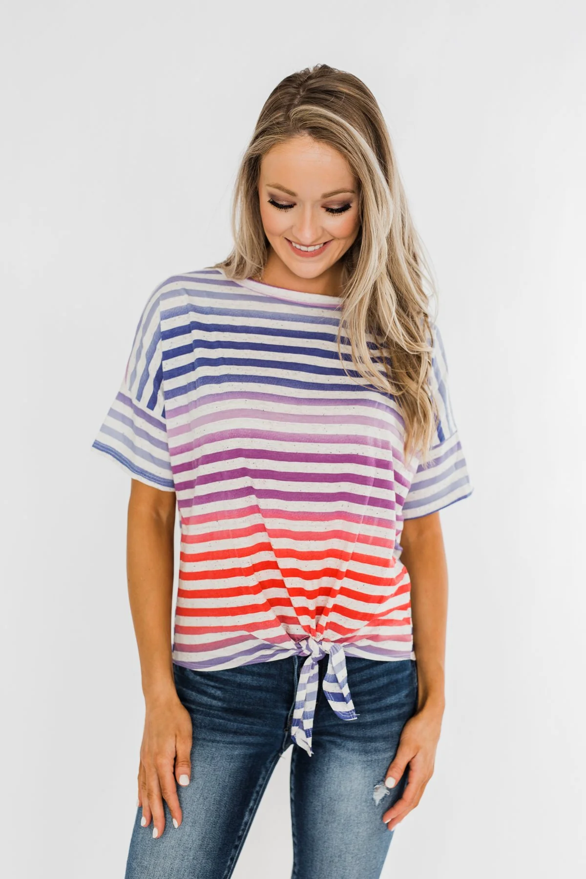 Multi Color Stripe Tie Front Top- Red, Blue, Purple - Image 4