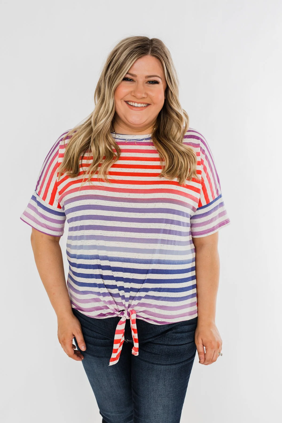 Multi Color Stripe Tie Front Top- Red, Blue, Purple - Image 5