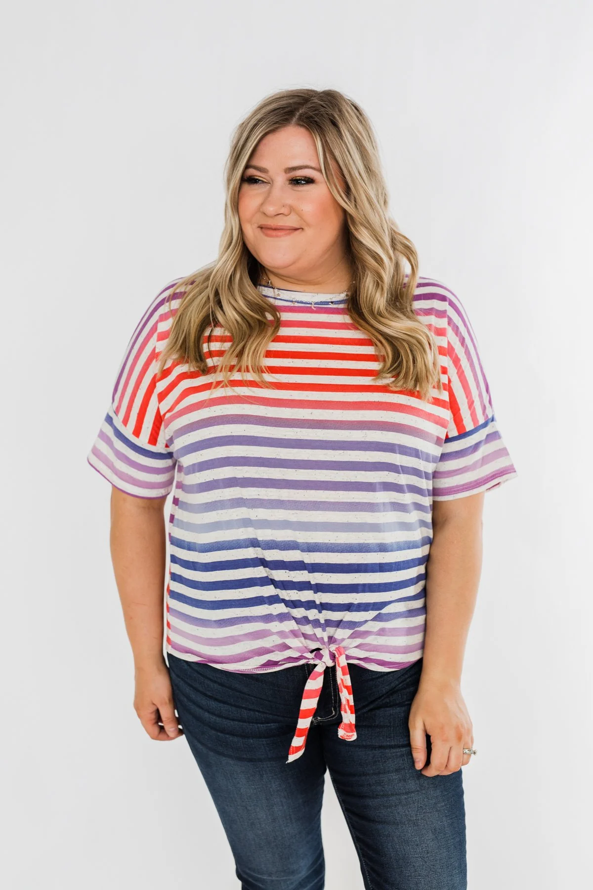 Multi Color Stripe Tie Front Top- Red, Blue, Purple - Image 7