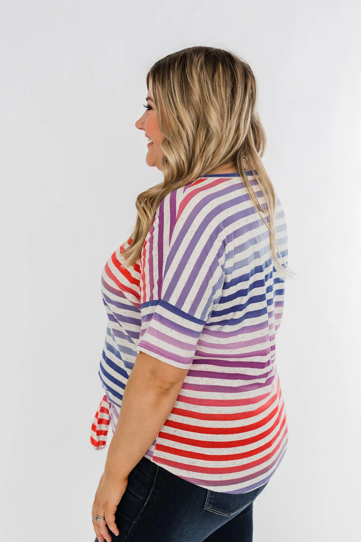 Multi Color Stripe Tie Front Top- Red, Blue, Purple - Image 9