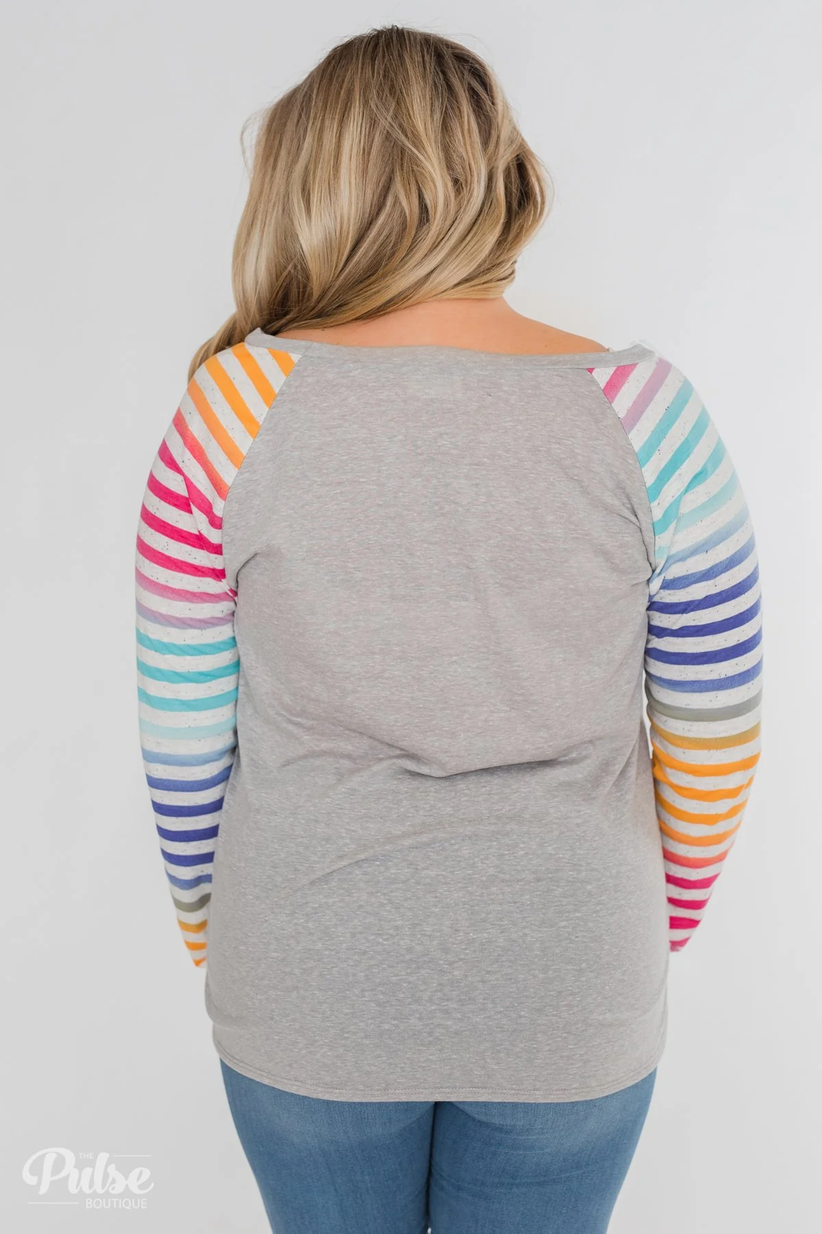 Multi-Colored Striped Sleeve Raglan Top- Grey - Image 10