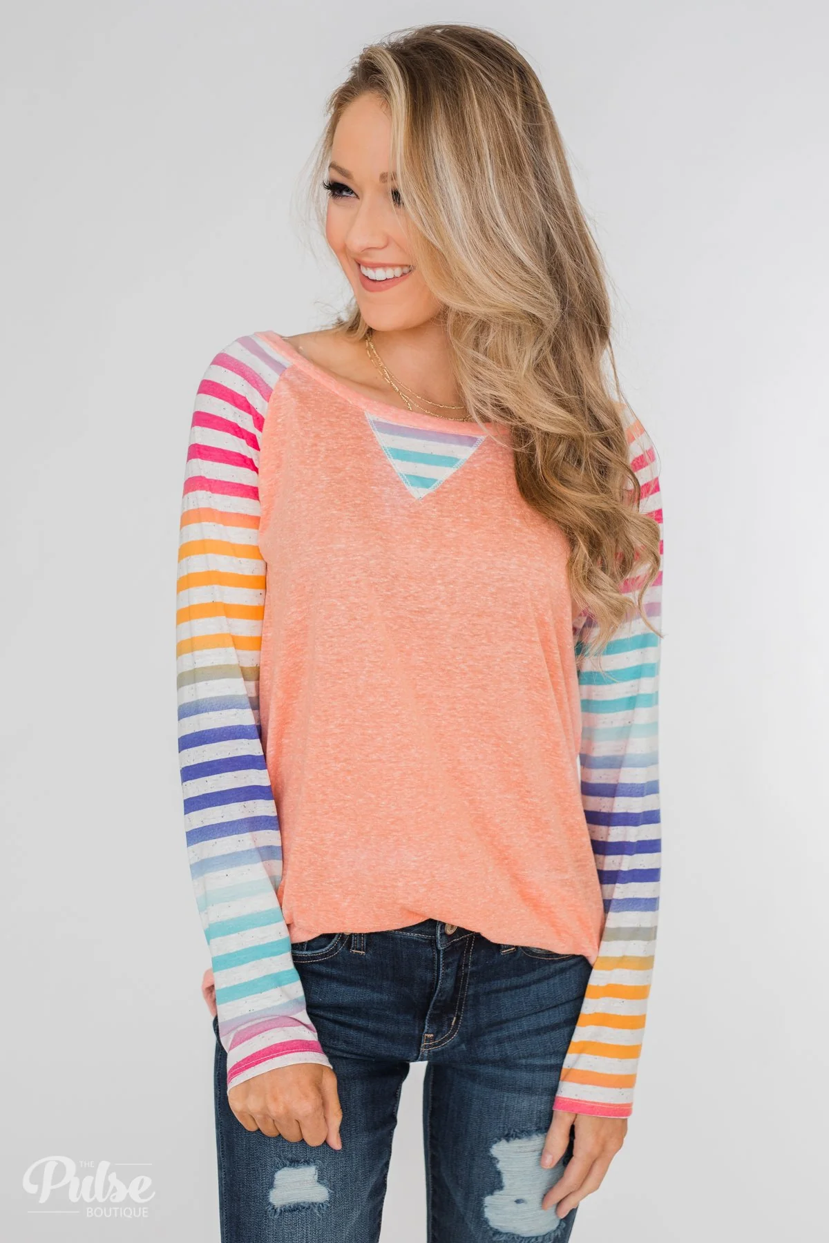 Multi-Colored Striped Sleeve Raglan Top- Peach - Image 2