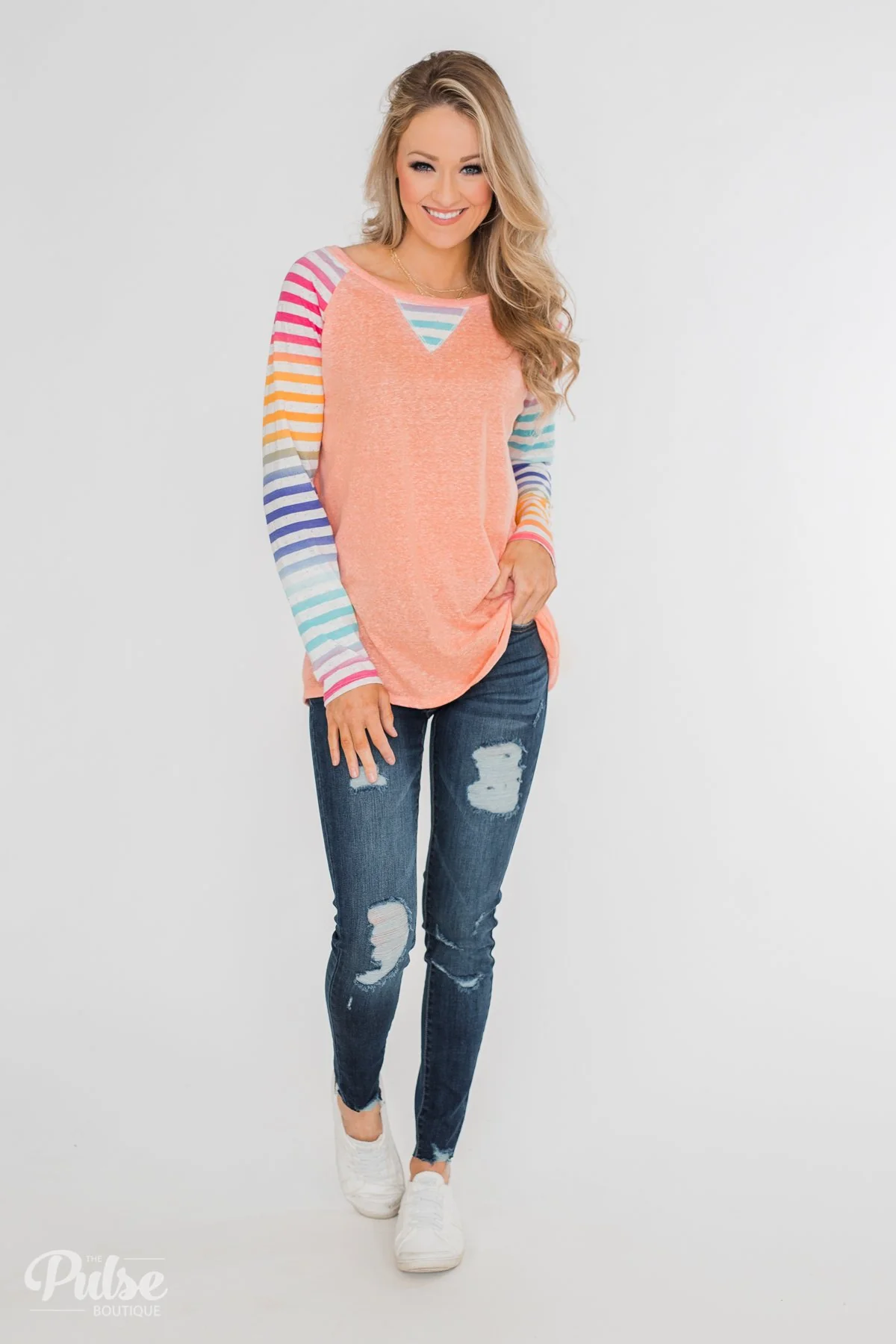 Multi-Colored Striped Sleeve Raglan Top- Peach - Image 3