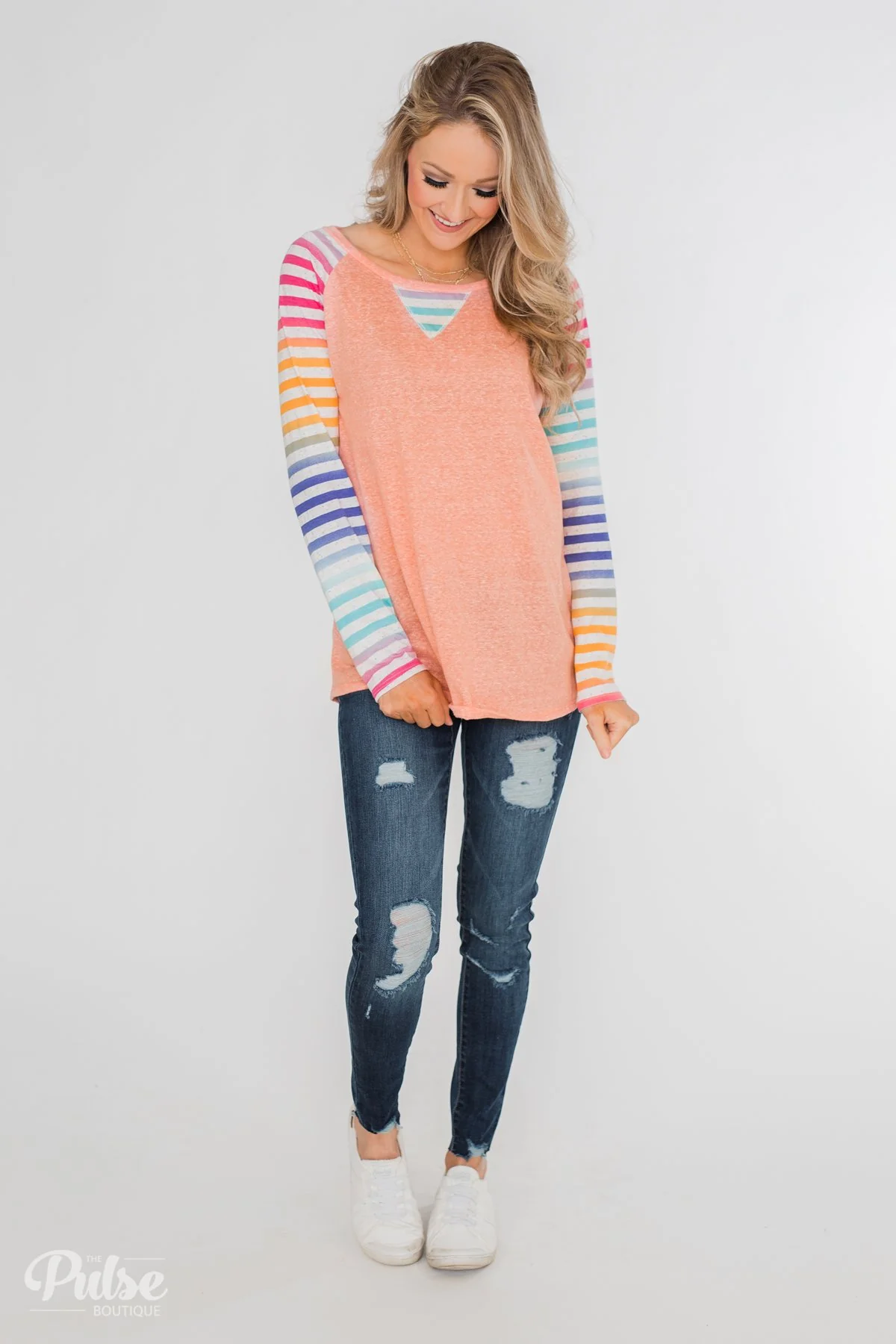 Multi-Colored Striped Sleeve Raglan Top- Peach - Image 4