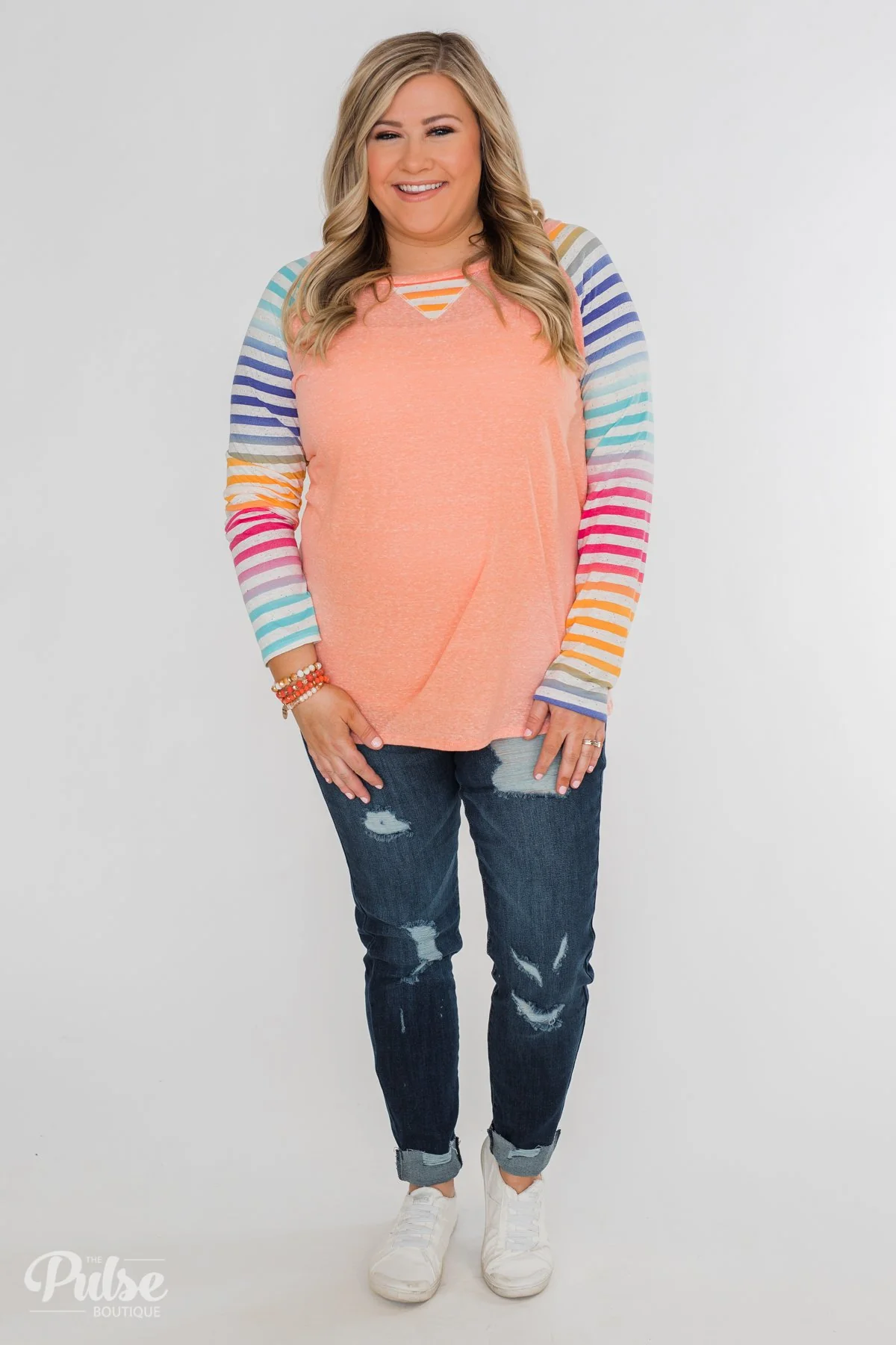 Multi-Colored Striped Sleeve Raglan Top- Peach - Image 5