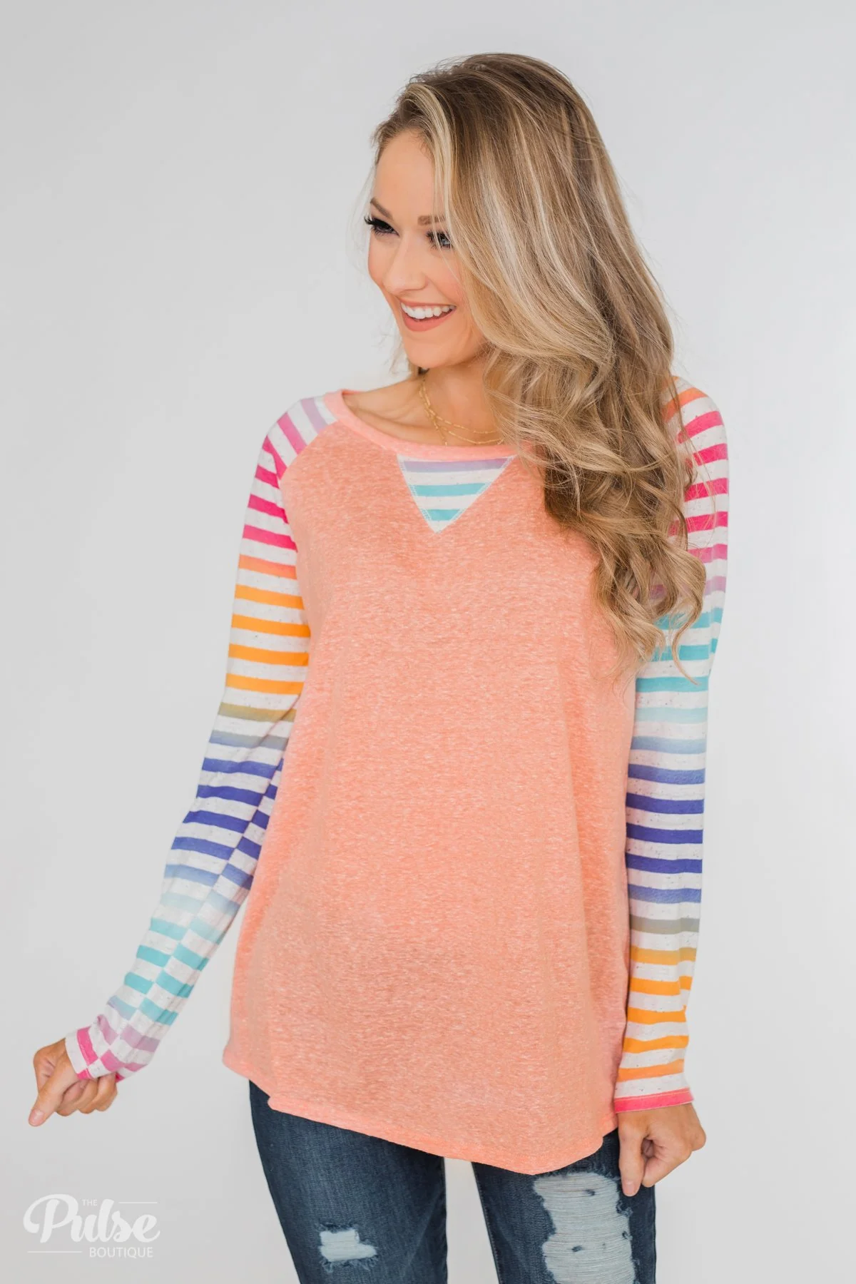 Multi-Colored Striped Sleeve Raglan Top- Peach - Image 7