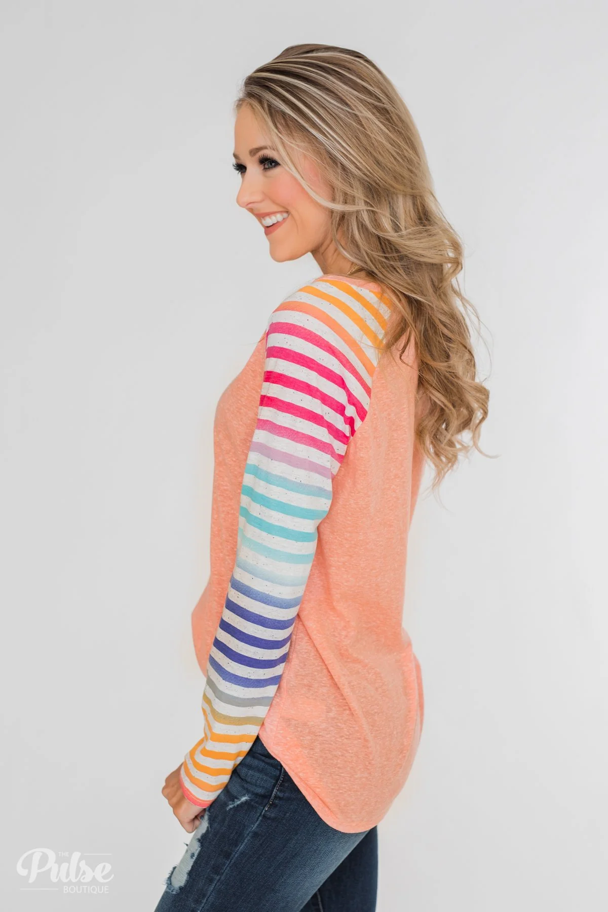 Multi-Colored Striped Sleeve Raglan Top- Peach - Image 9