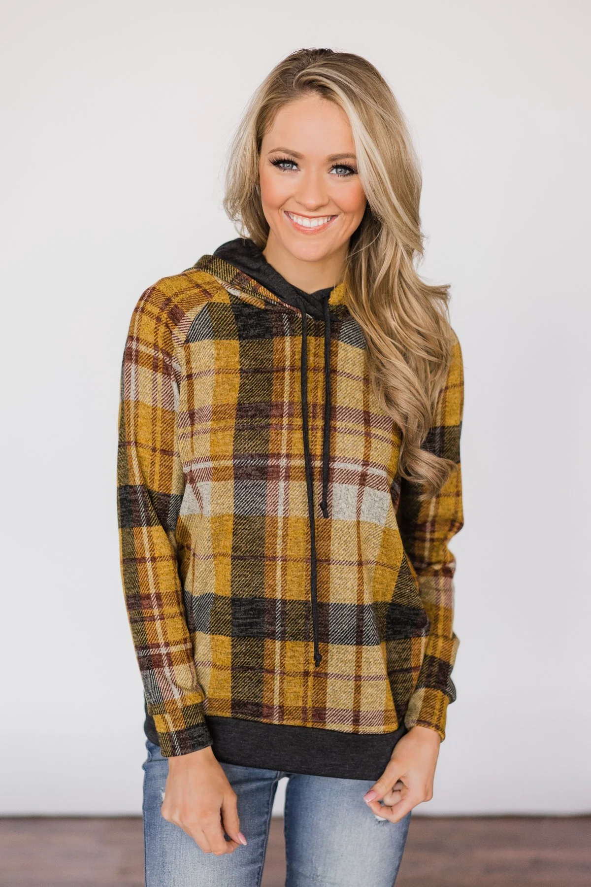 Mustard & Charcoal Plaid Hoodie