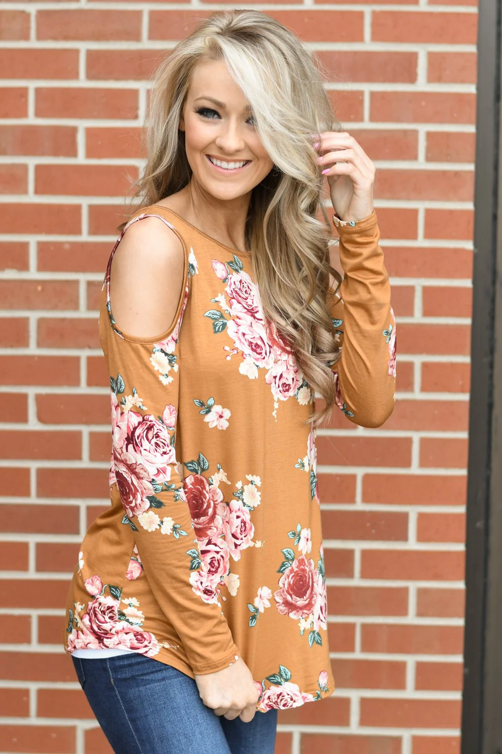 Mustard Floral Cold Shoulder Top - Image 4