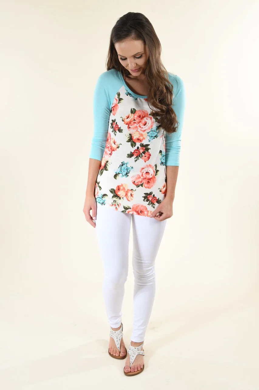 My Favorite Floral 3/4 Sleeve Top - Blue - Image 3