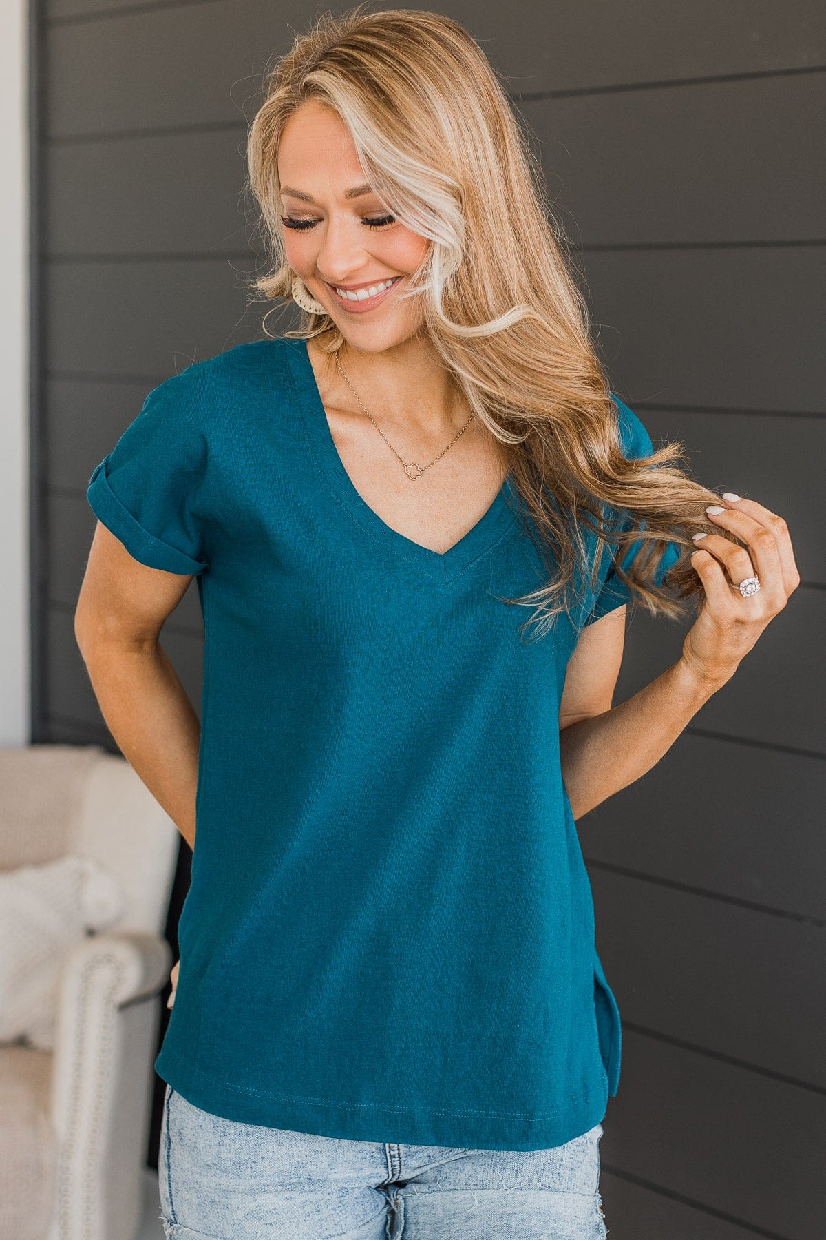 My Favorite Hello V-Neck Top- Dark Teal - Image 2