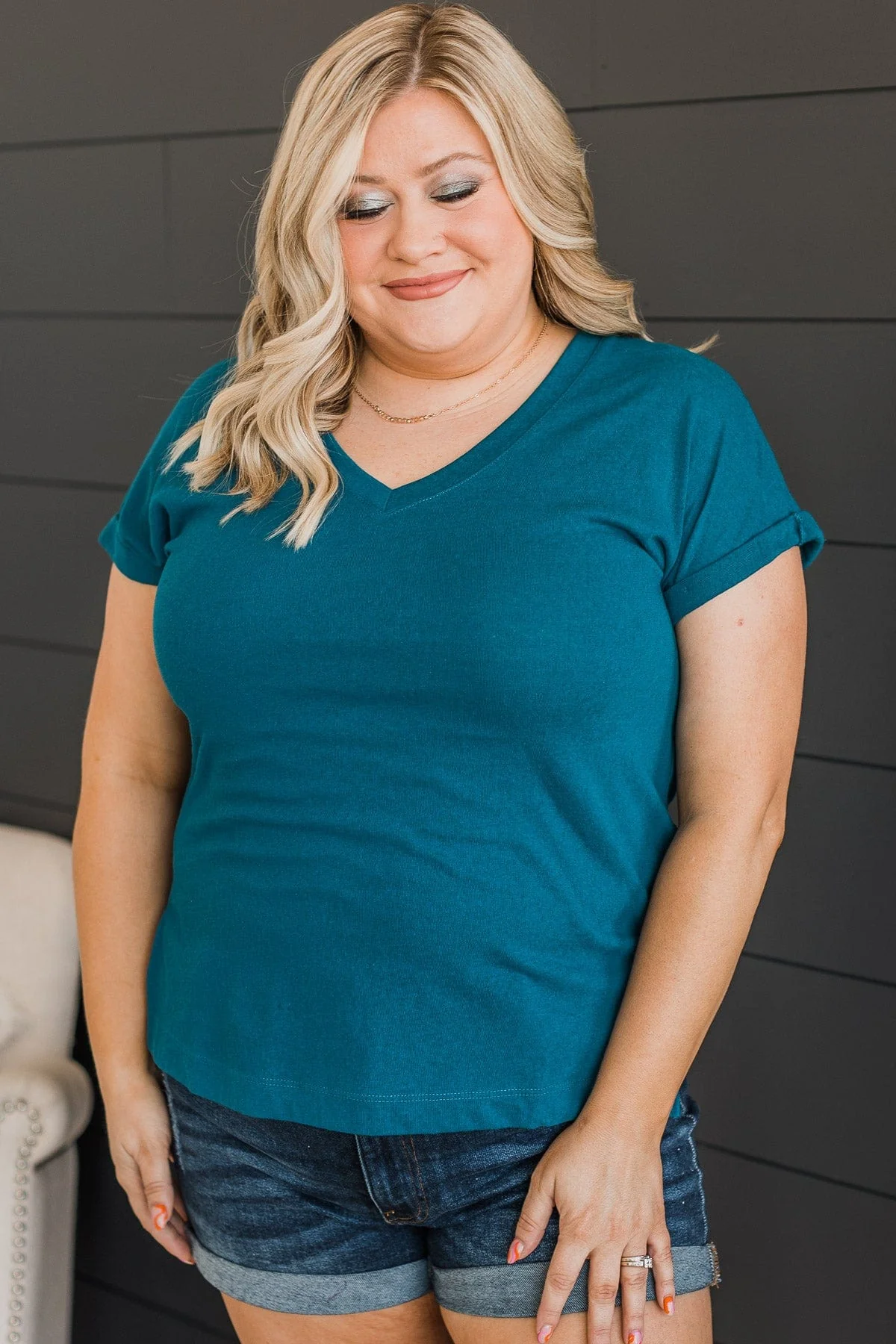 My Favorite Hello V-Neck Top- Dark Teal - Image 3
