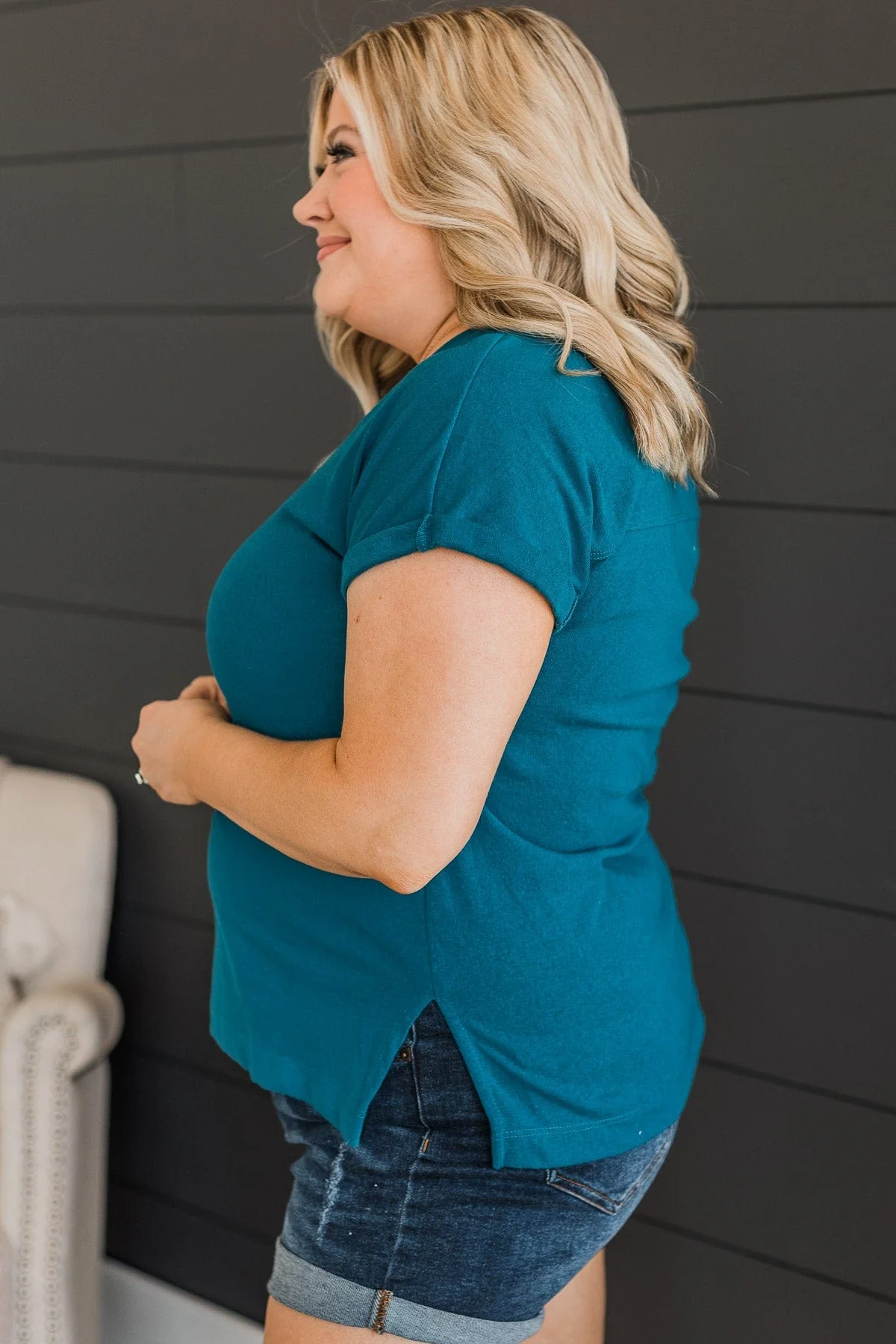 My Favorite Hello V-Neck Top- Dark Teal - Image 5