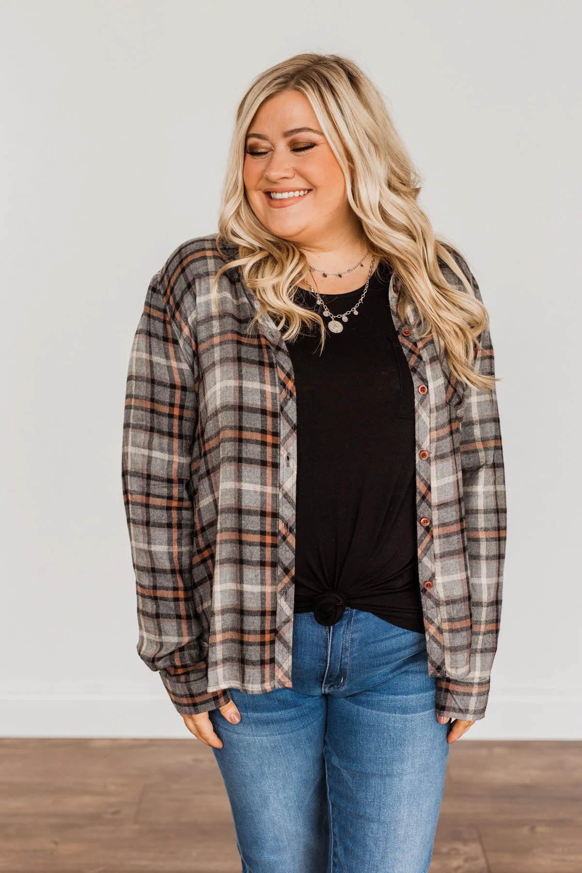 My First Pick Button Down Plaid Top- Charcoal, Cream, & Cinnamon - Image 6
