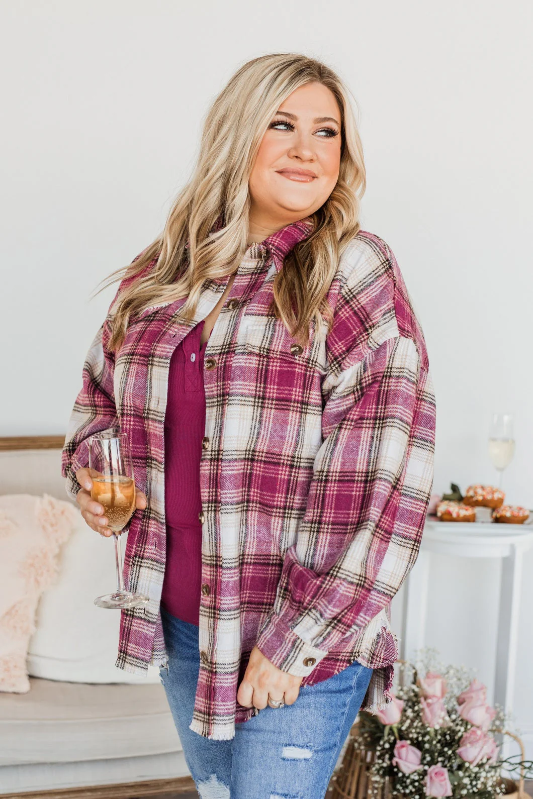 My Hearts Racing Flannel Top- Magenta & Taupe - Image 3