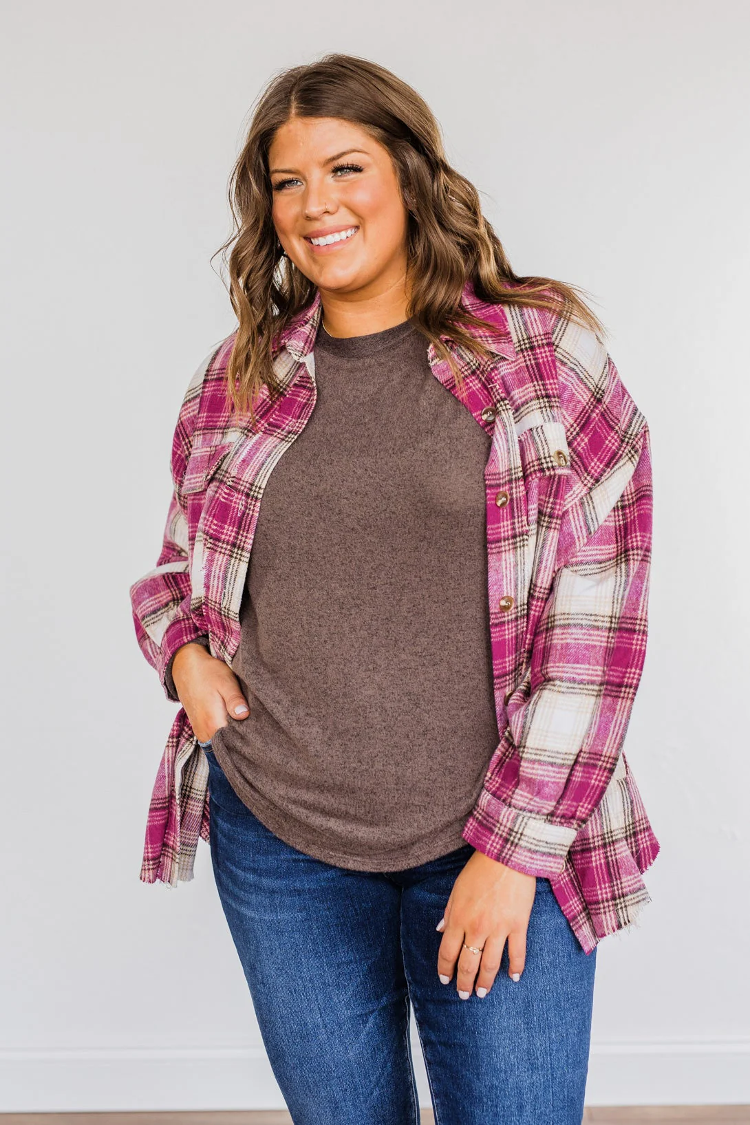 My Hearts Racing Flannel Top- Magenta & Taupe - Image 4