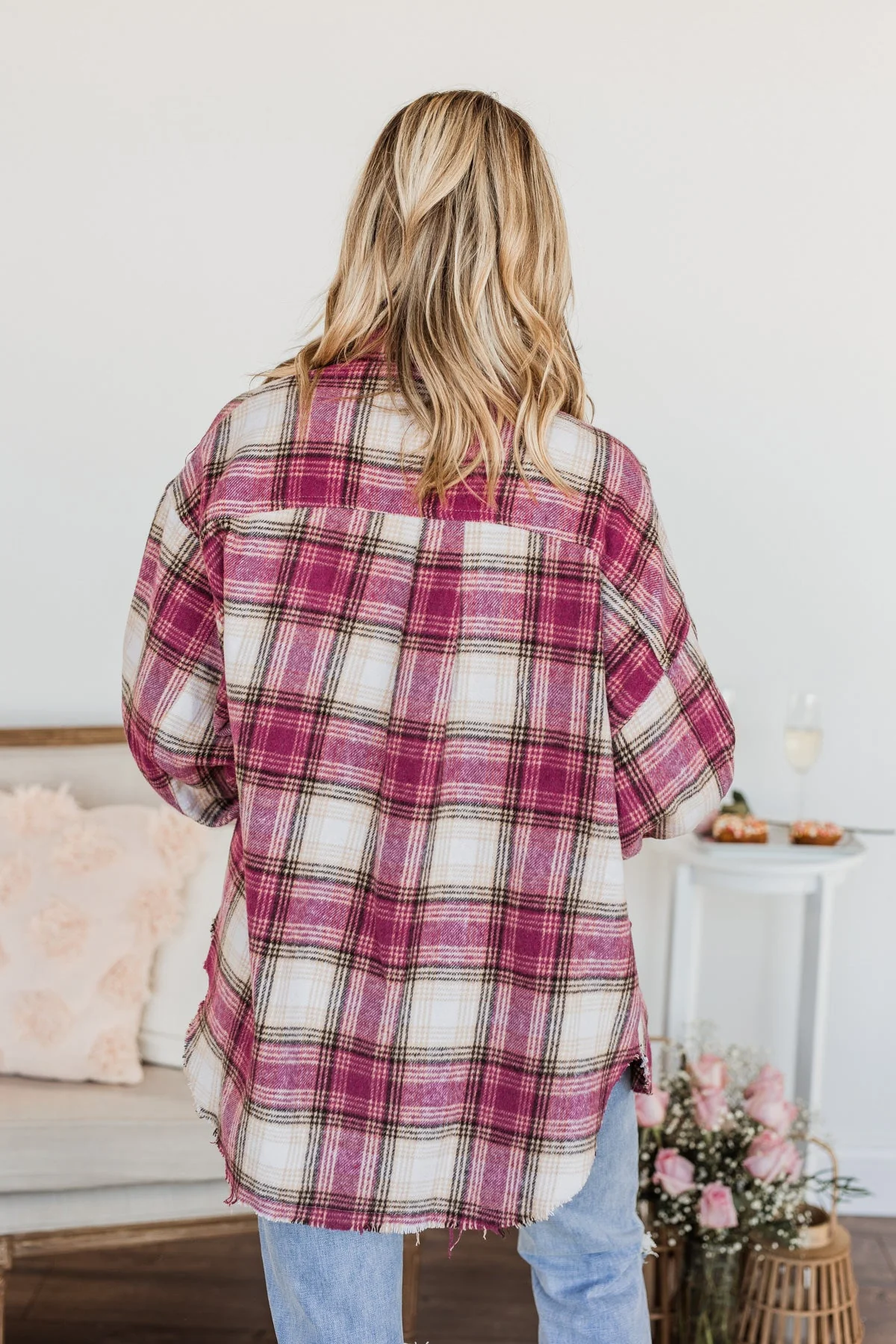 My Hearts Racing Flannel Top- Magenta & Taupe - Image 9