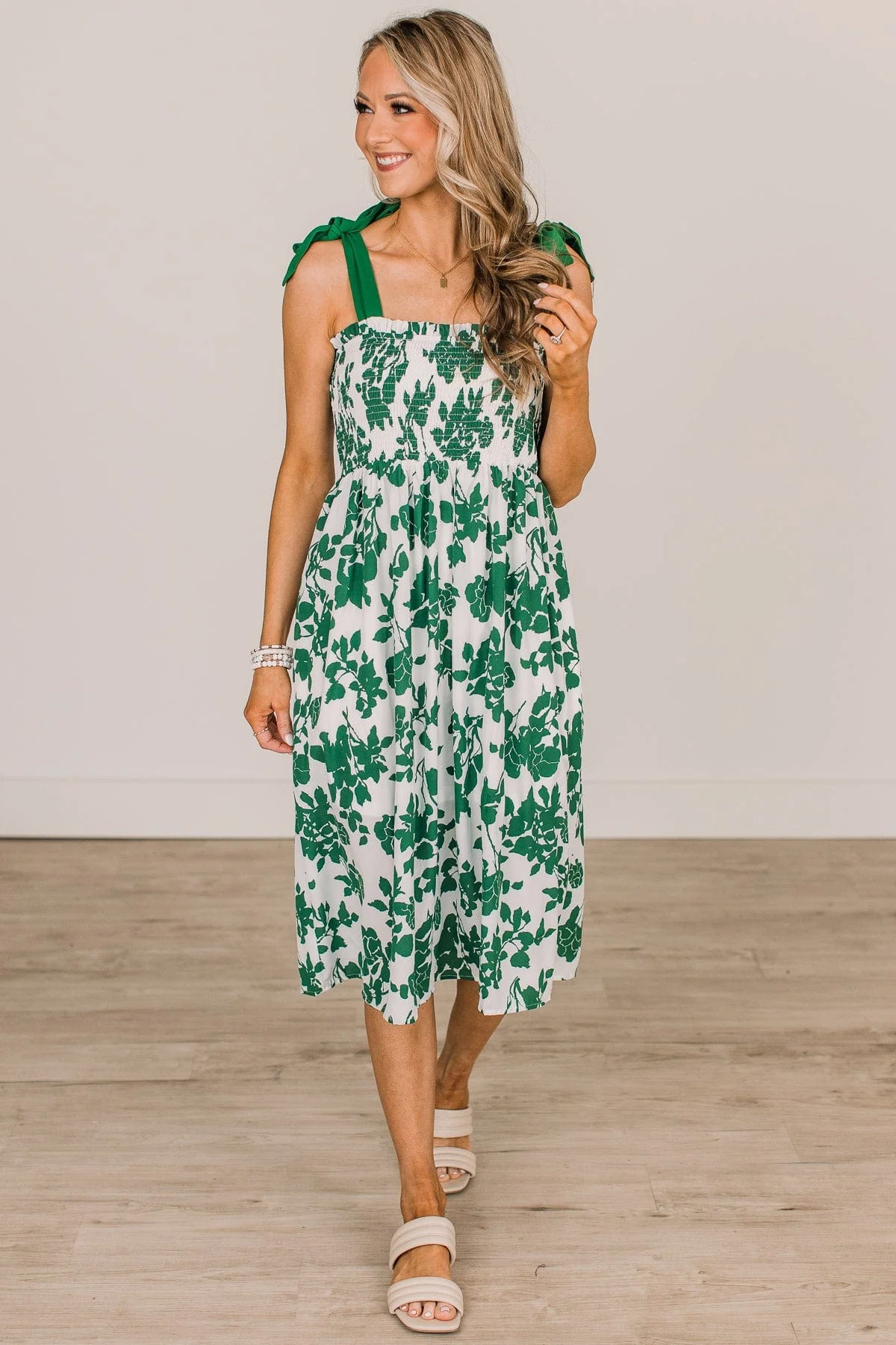 My Lucky Day Floral Smocked Dress- Green & Ivory - Image 3