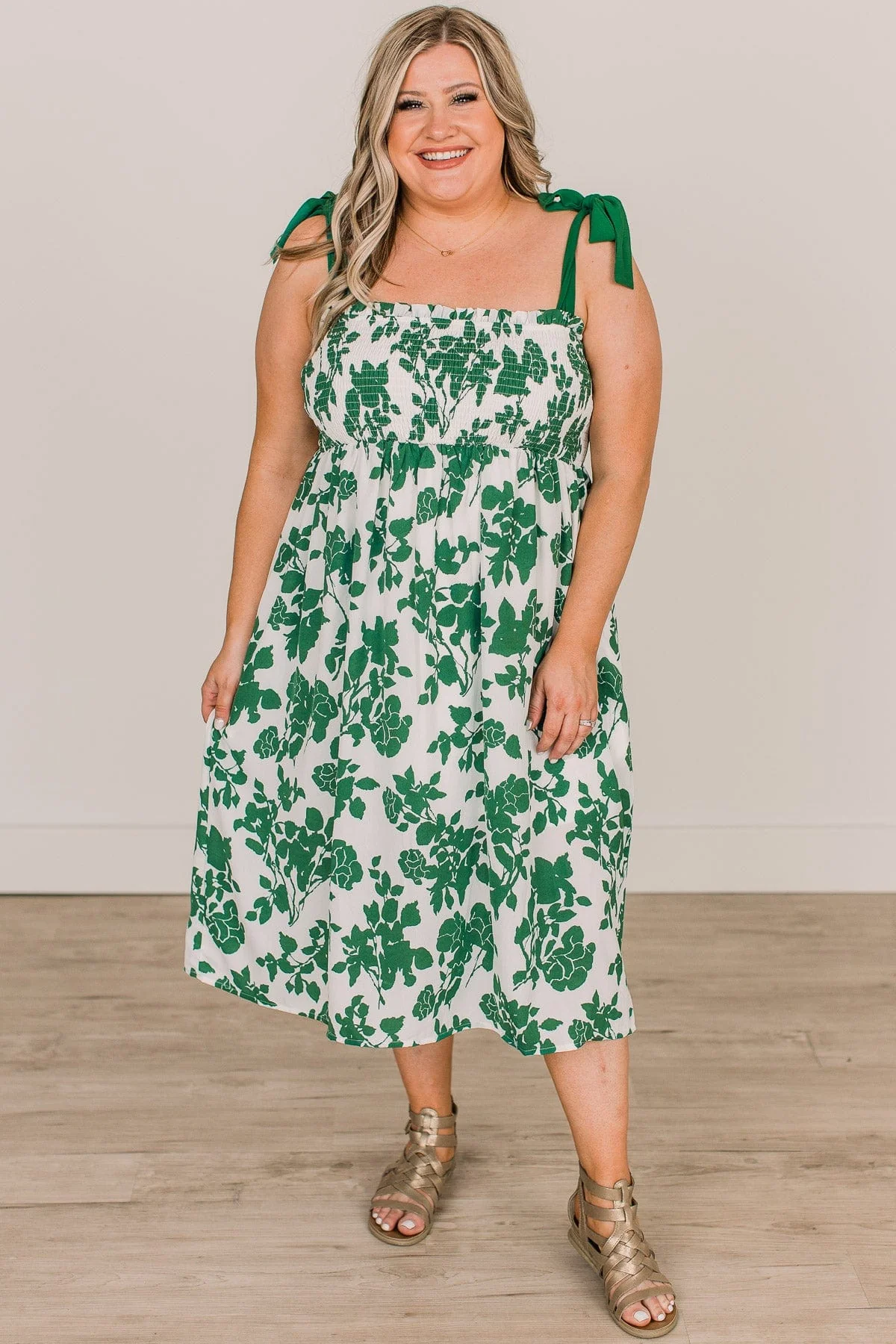 My Lucky Day Floral Smocked Dress- Green & Ivory - Image 4