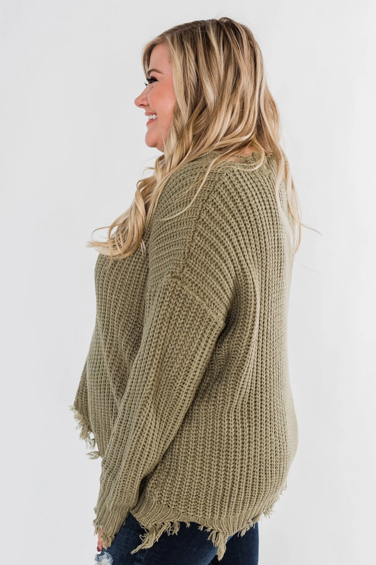 My Own Way Frayed V-Neck Sweater- Olive - Image 10