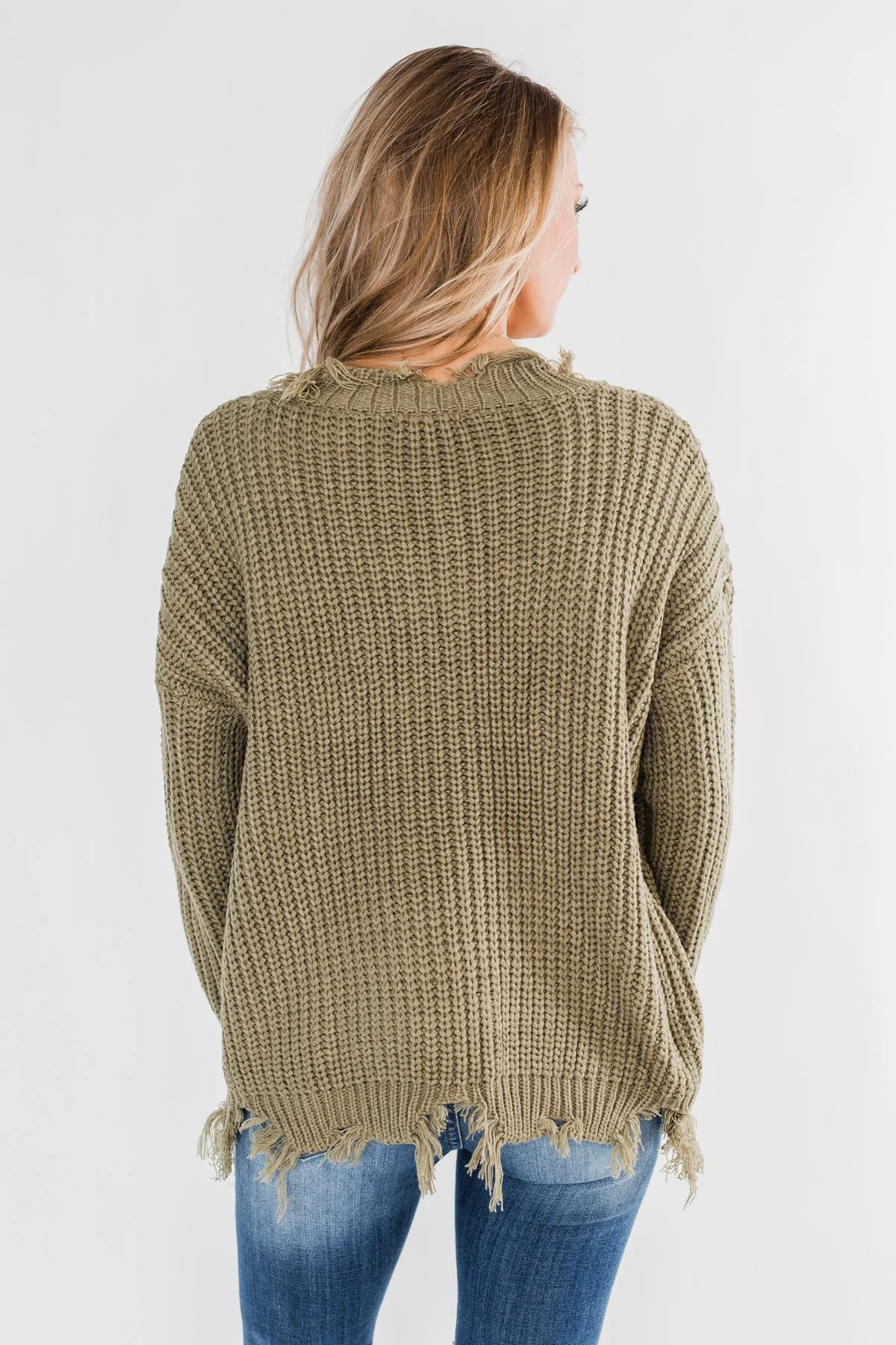 My Own Way Frayed V-Neck Sweater- Olive - Image 11