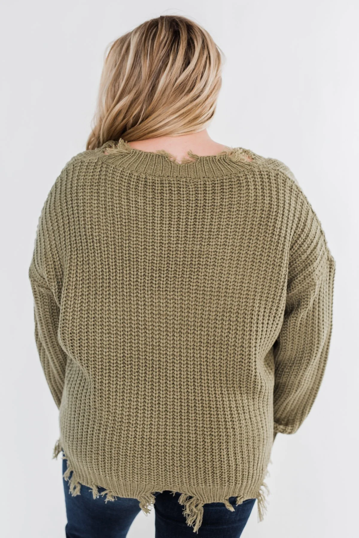My Own Way Frayed V-Neck Sweater- Olive - Image 12