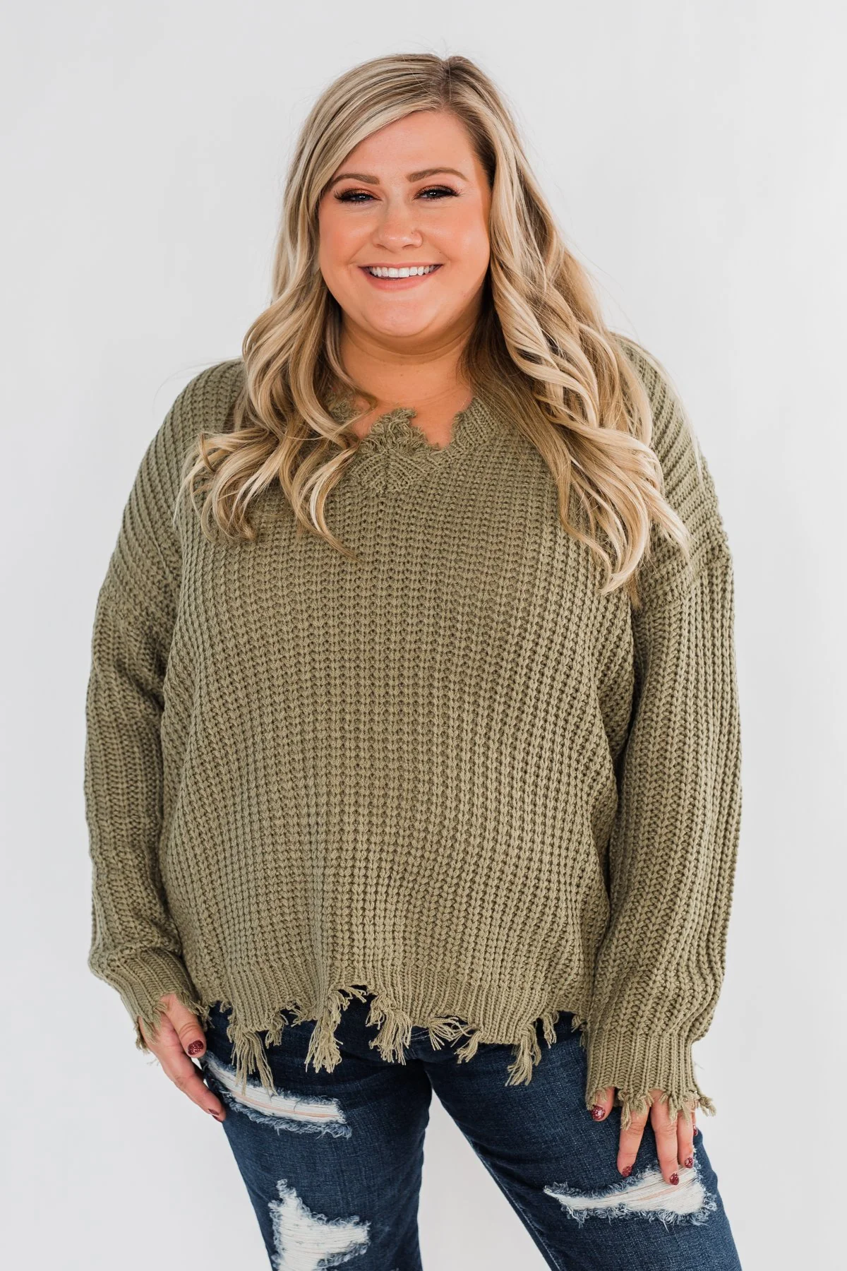 My Own Way Frayed V-Neck Sweater- Olive - Image 2