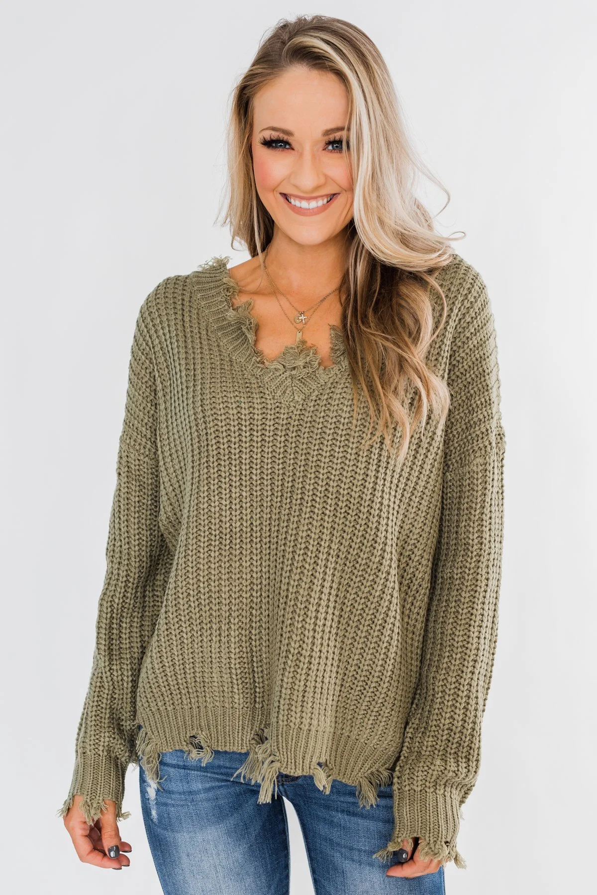 My Own Way Frayed V-Neck Sweater- Olive - Image 3