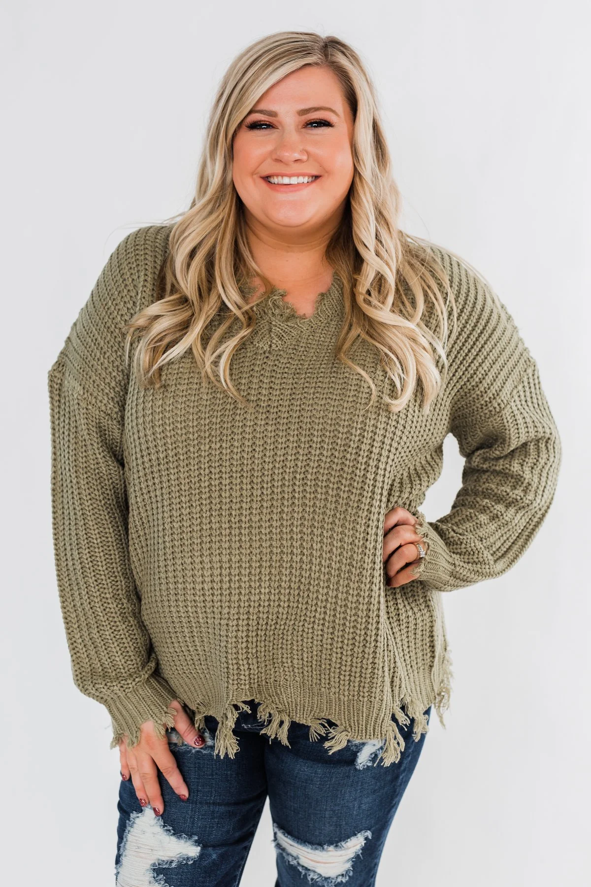 My Own Way Frayed V-Neck Sweater- Olive - Image 4