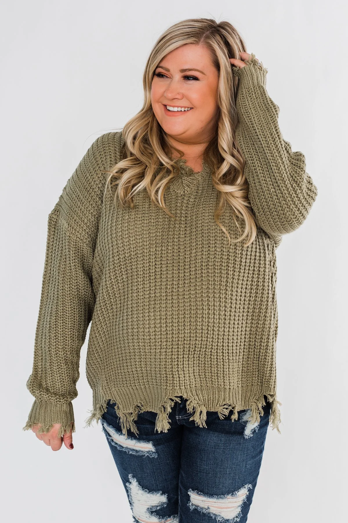 My Own Way Frayed V-Neck Sweater- Olive - Image 6