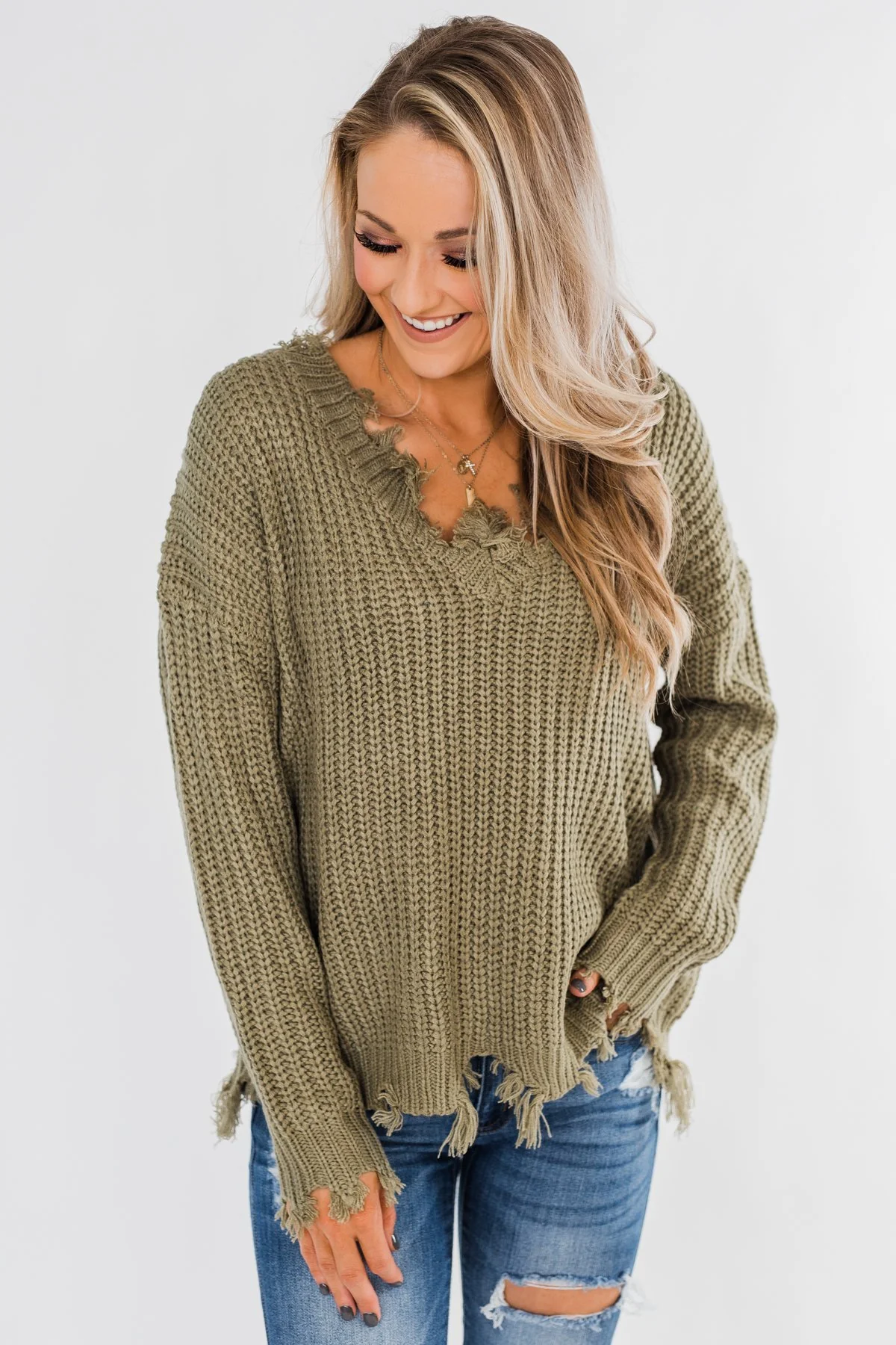 My Own Way Frayed V-Neck Sweater- Olive - Image 7