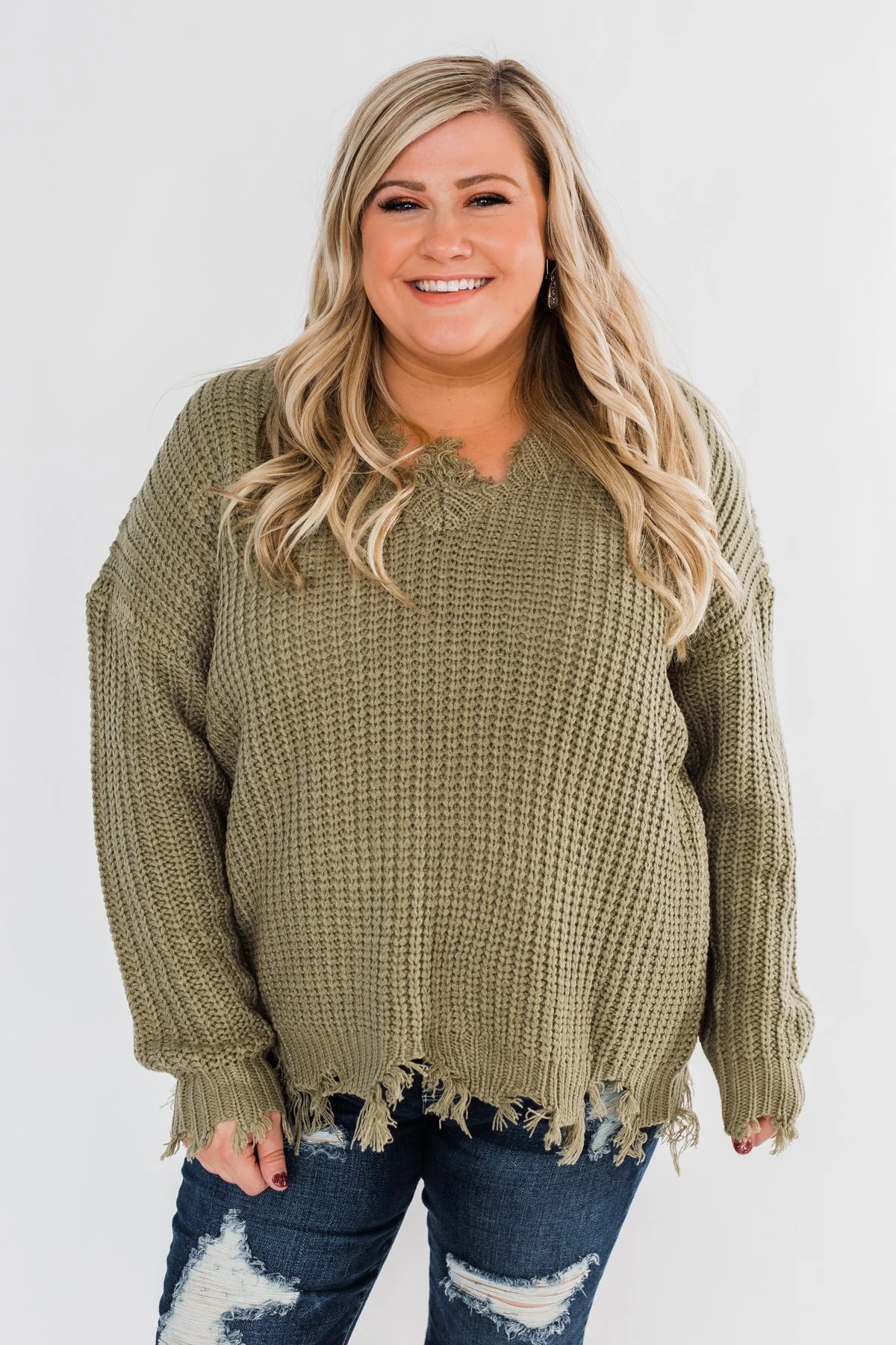 My Own Way Frayed V-Neck Sweater- Olive - Image 8