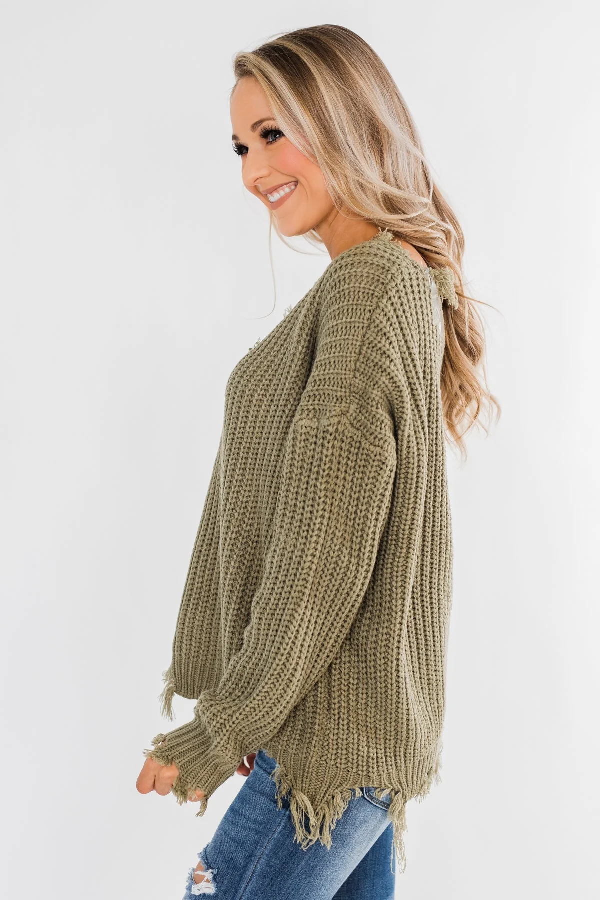 My Own Way Frayed V-Neck Sweater- Olive - Image 9
