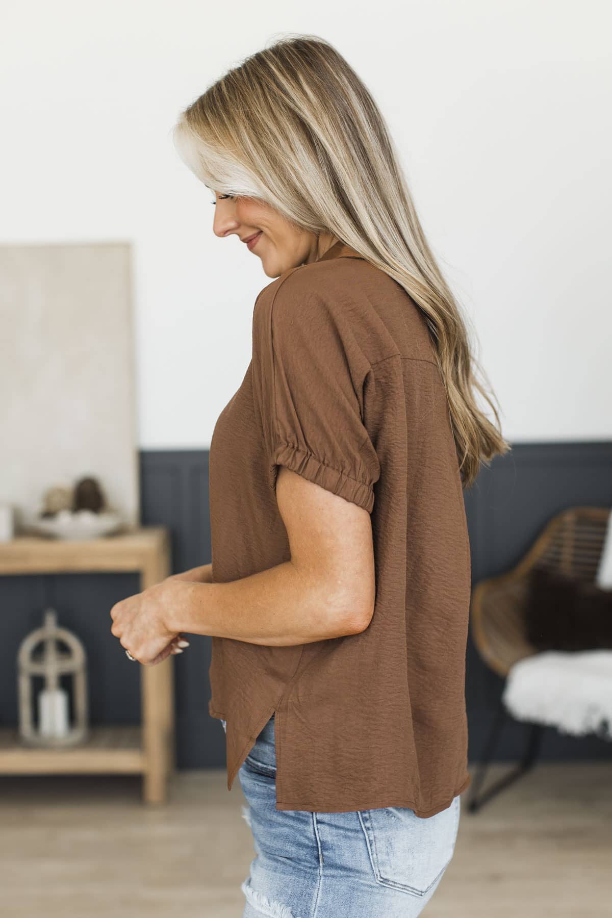My Safe Haven V-Neck Short Sleeve Top- Brown - Image 4