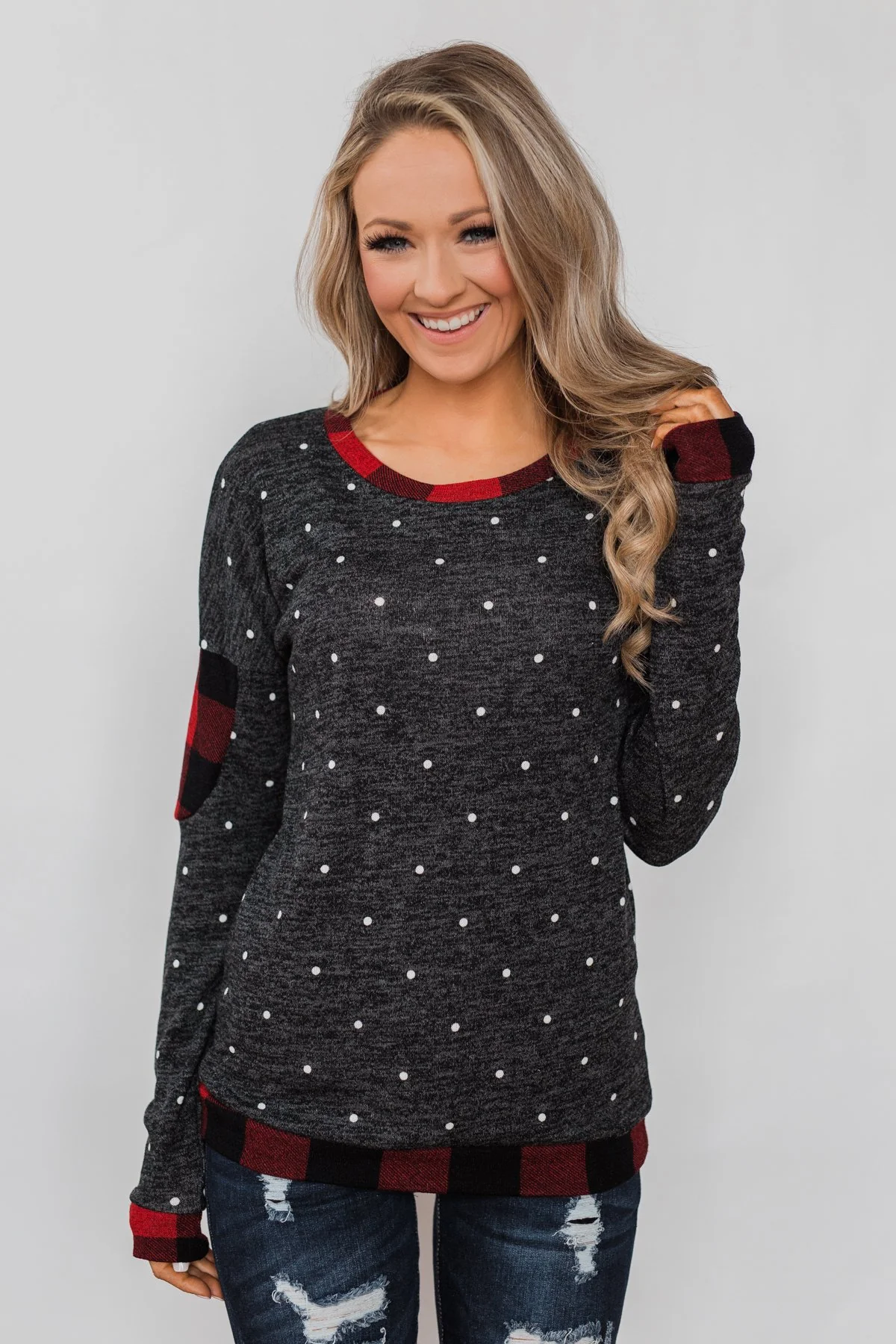 My Story Polka Dot & Buffalo Plaid Top- Charcoal - Image 2
