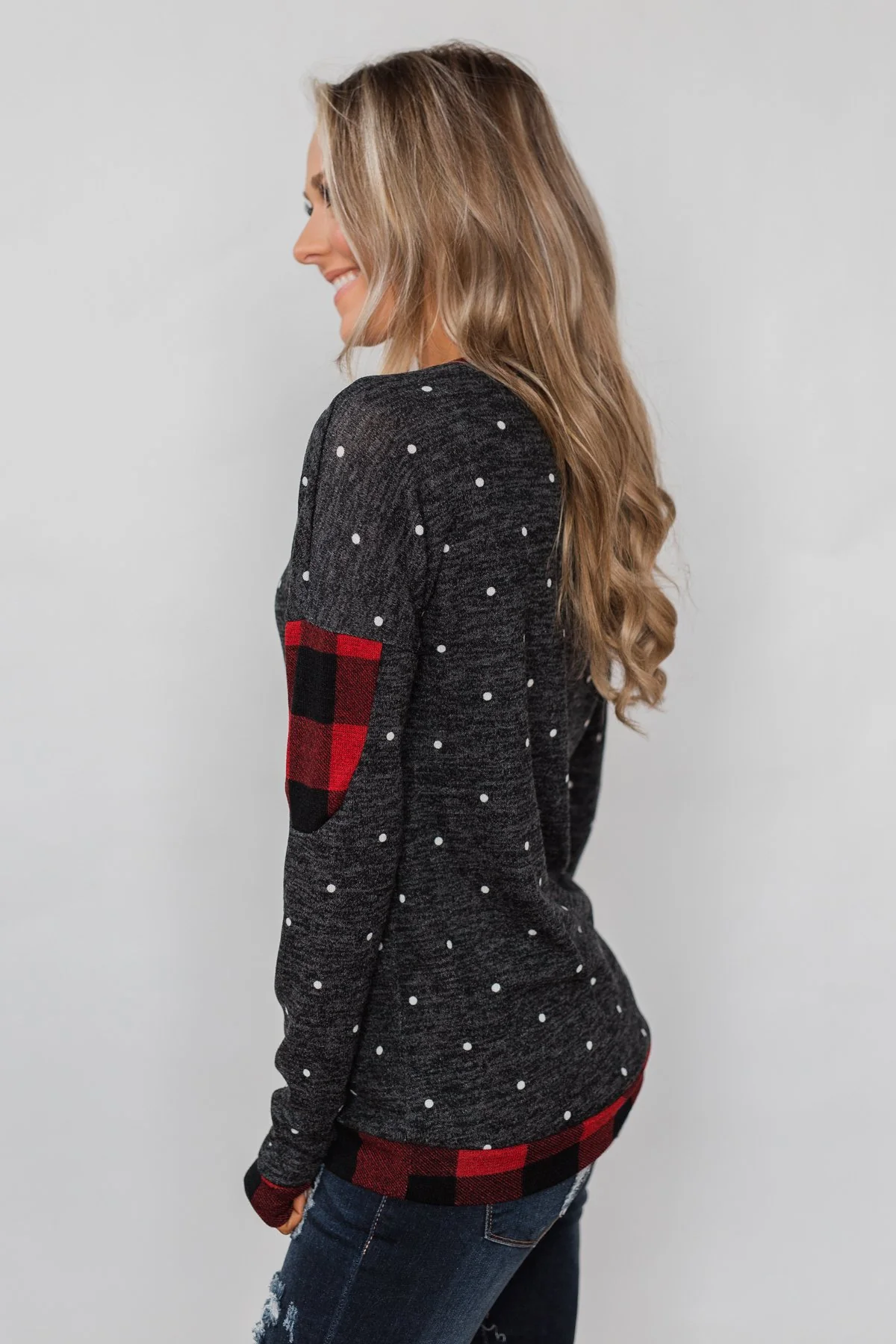 My Story Polka Dot & Buffalo Plaid Top- Charcoal - Image 6