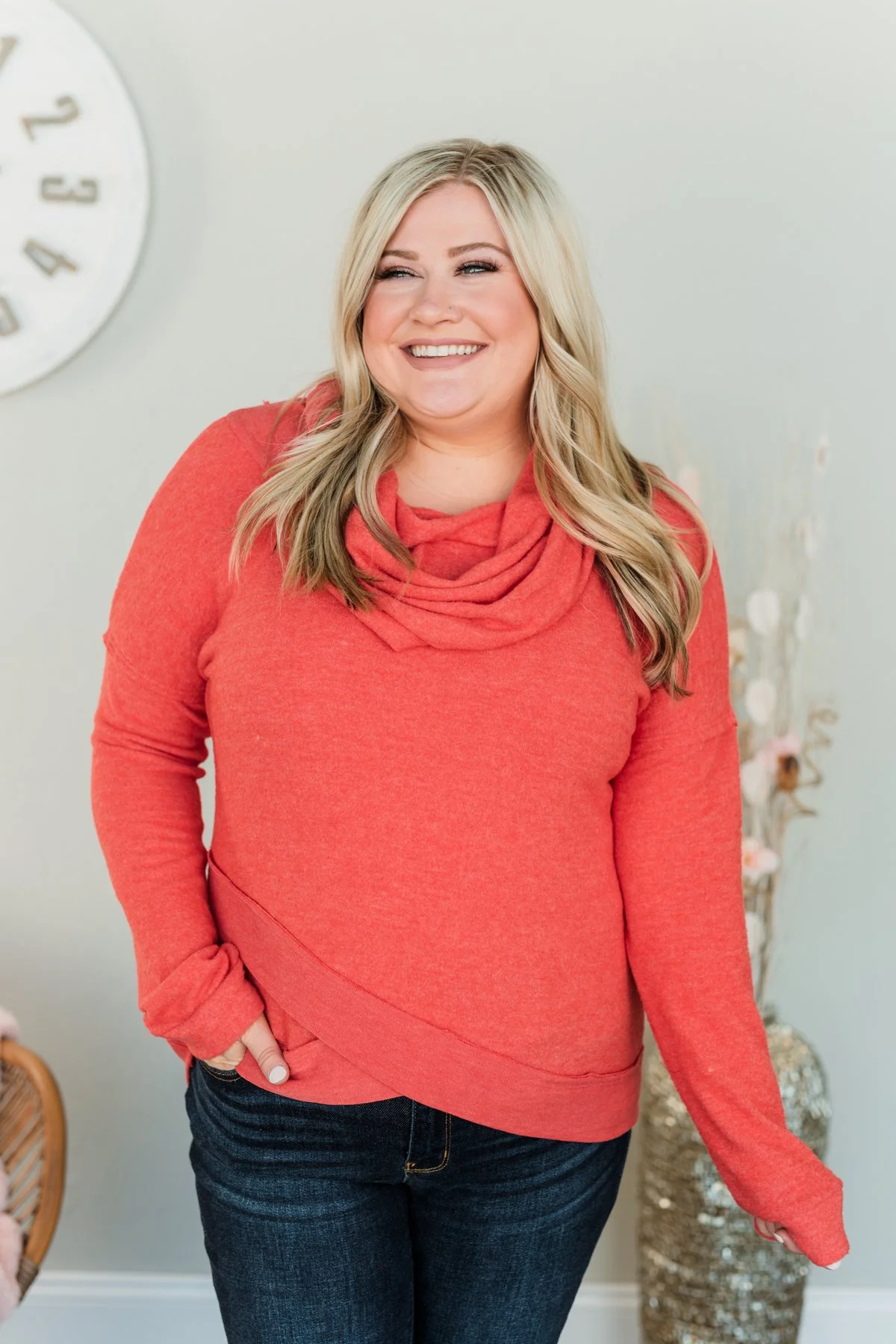 My Time To Shine Cowl Neck Top- Dark Coral - Image 3