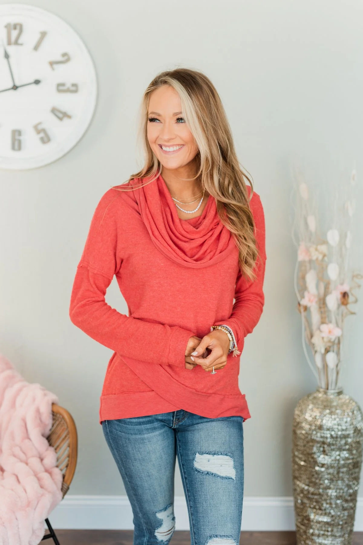 My Time To Shine Cowl Neck Top- Dark Coral - Image 4