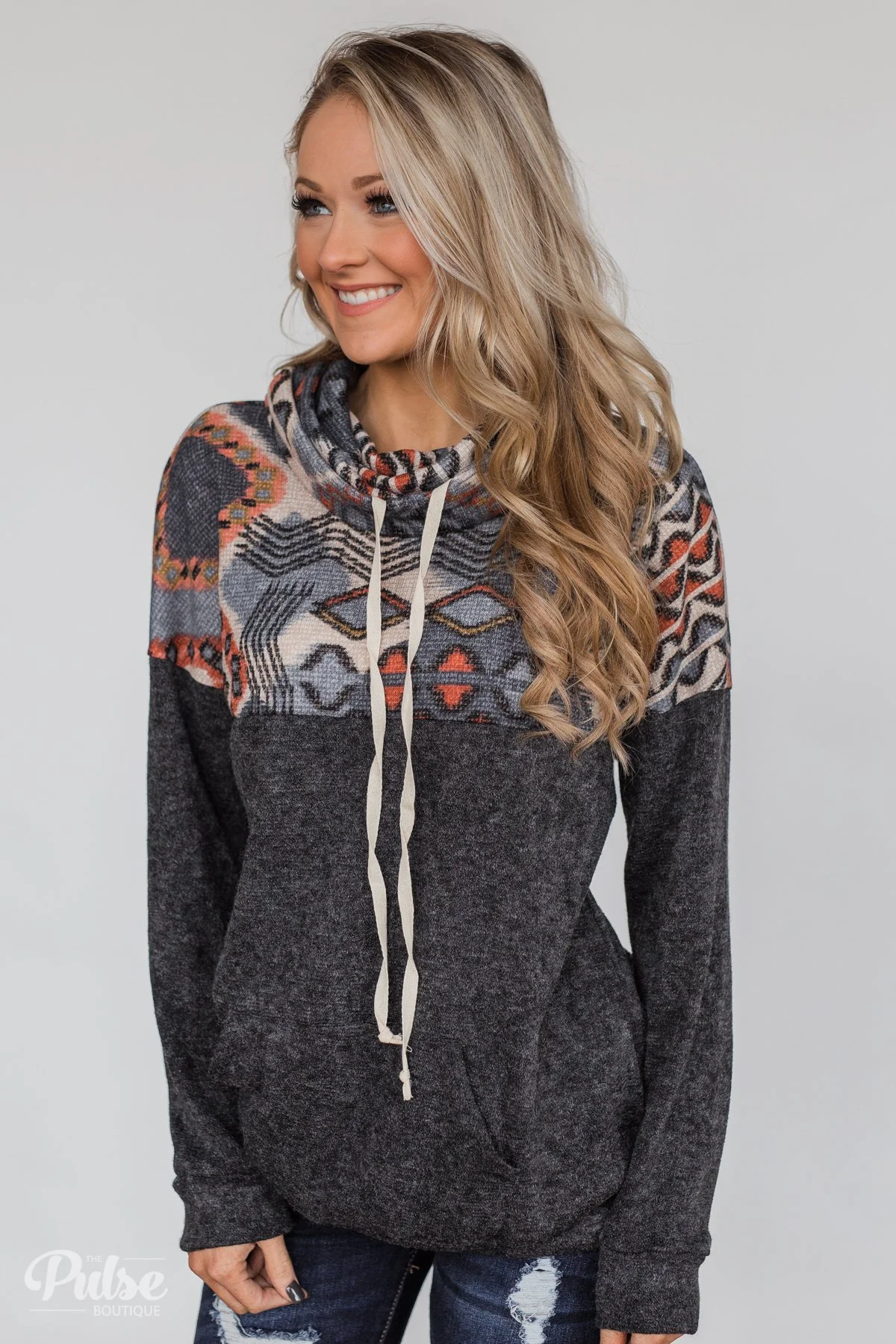 My Tribe Printed Cowl Neck Top - Charcoal - Image 6