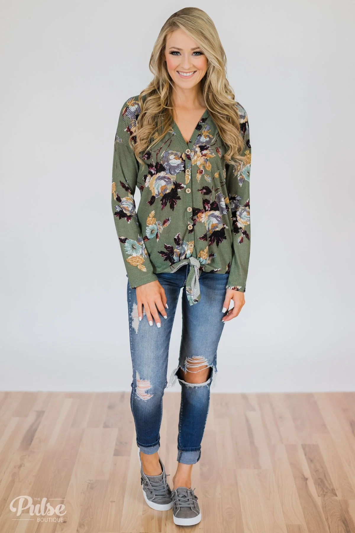 My Wish to You Floral Thermal Top- Dark Sage - Image 4
